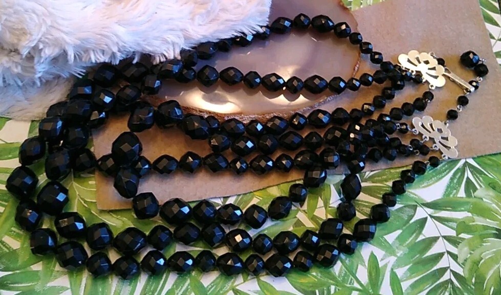 VTG Stamped “GERMANY” Only Plastic Black Faceted Bead Triple Strand Necklace!