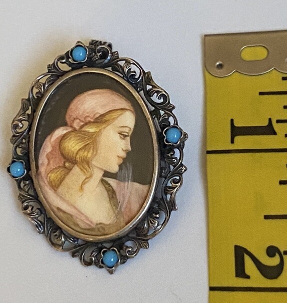 Vintage 800 Silver Filigree Blue Glass Hand Painted Portrait Brooch or Pendant