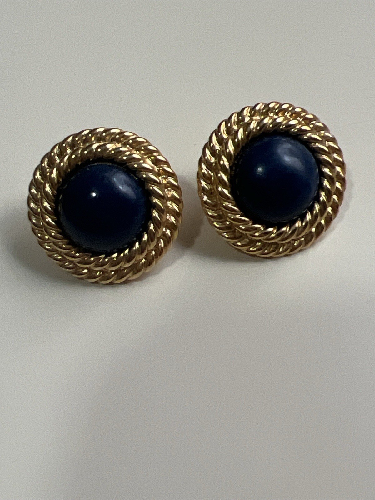Vtg Napier Textured Rope Twist Blue Cabochon Earrings Gold Plated Pierced