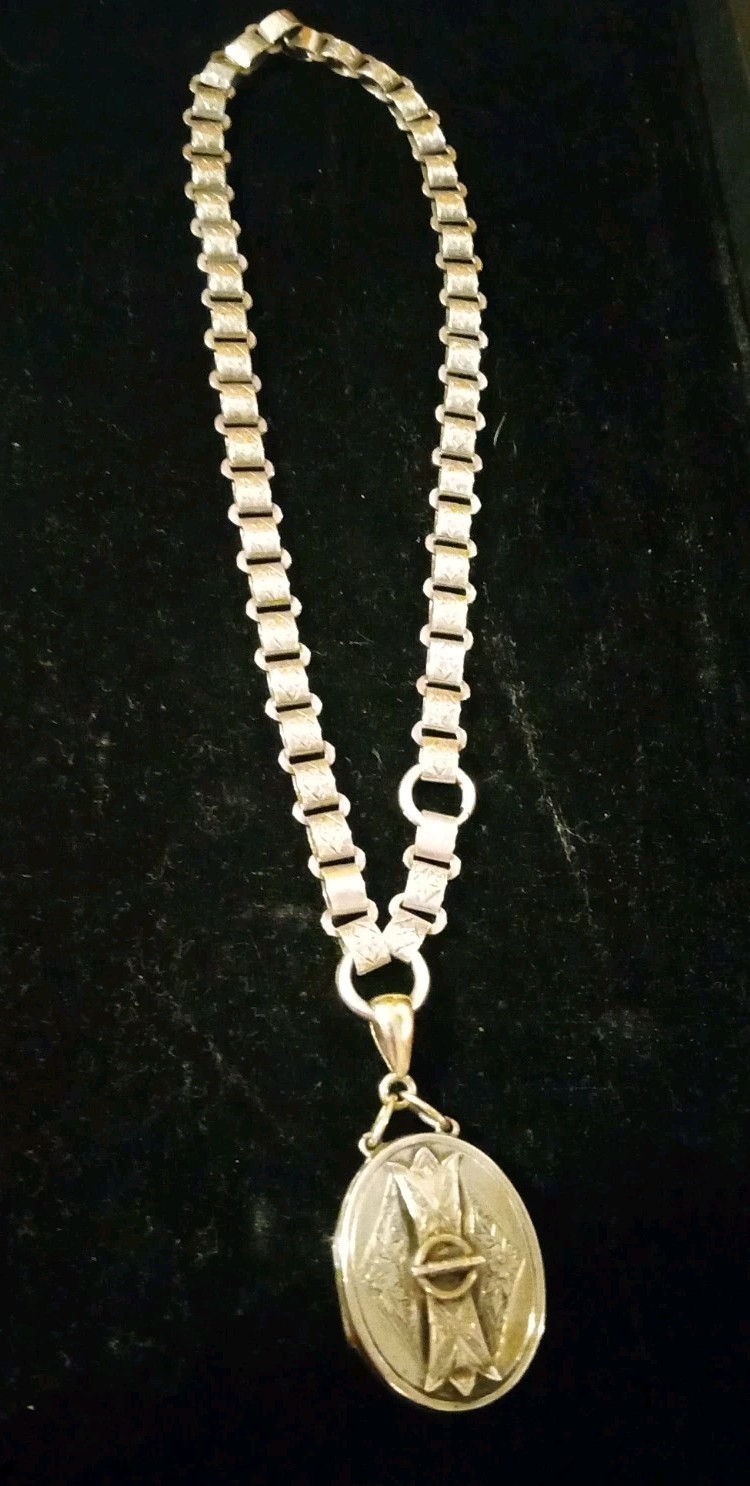 Antique Victorian LOCKET Book Chain Necklace Sterling Silver 39.3 Grams