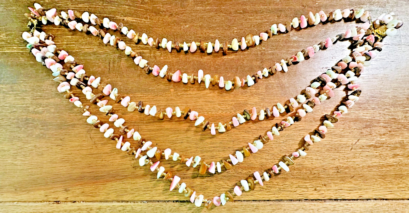 Vintage PUKA Style STONE Necklace 5 STRAND Tiger’s Eye & Pink Rose White Pastels