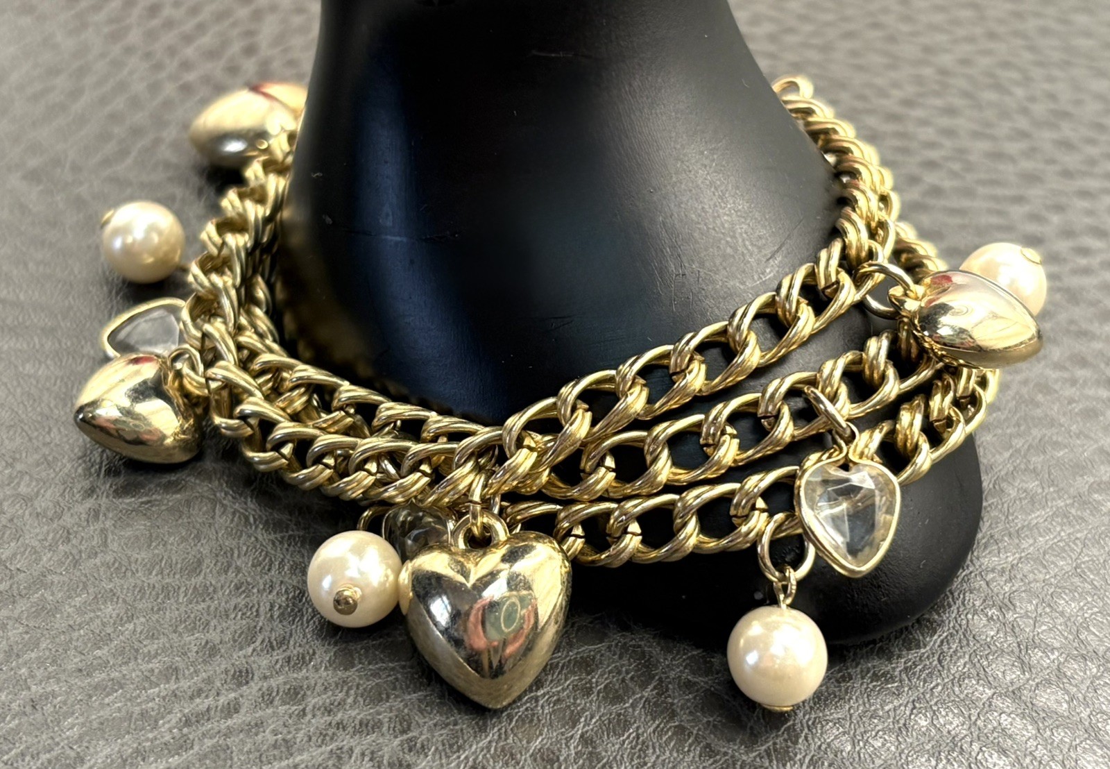 Puffy Heart Faux Pearl Station 3 Chain Link Charm Bracelet Spring Ring Closure