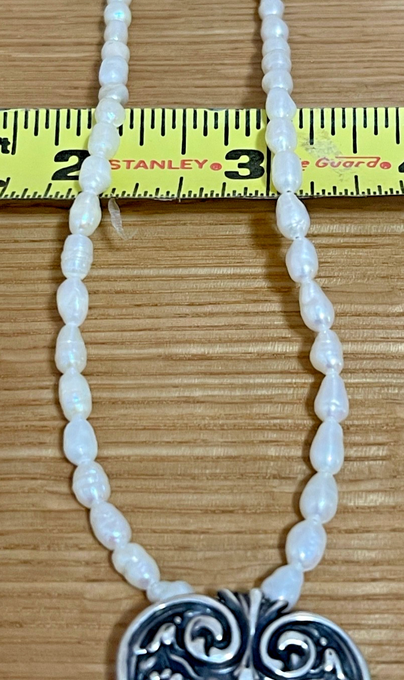Rare T FOREE Sterling Heart Pendant & “Fish Hook” Clasp Pearl Necklace