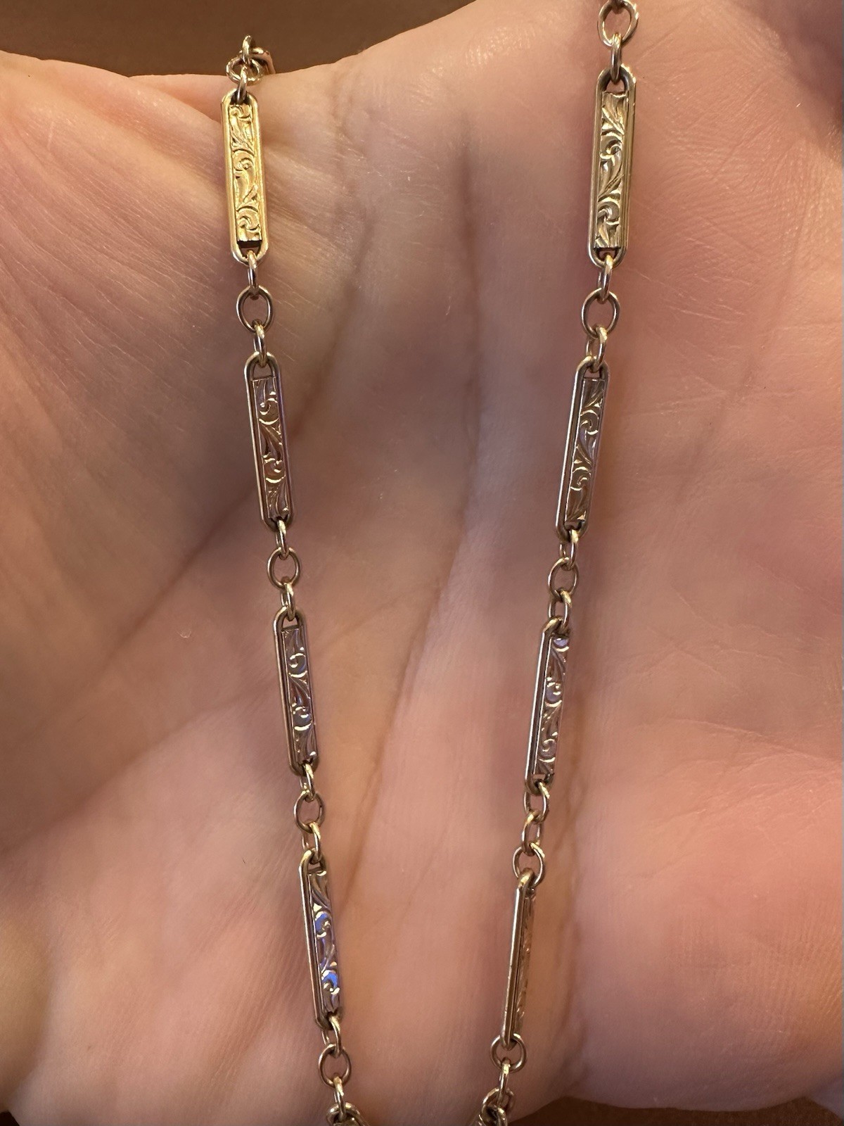 Antique Gold Filled 25″ Fancy Hand Engraved Bar Link Chain Necklace w/ Dog Clip