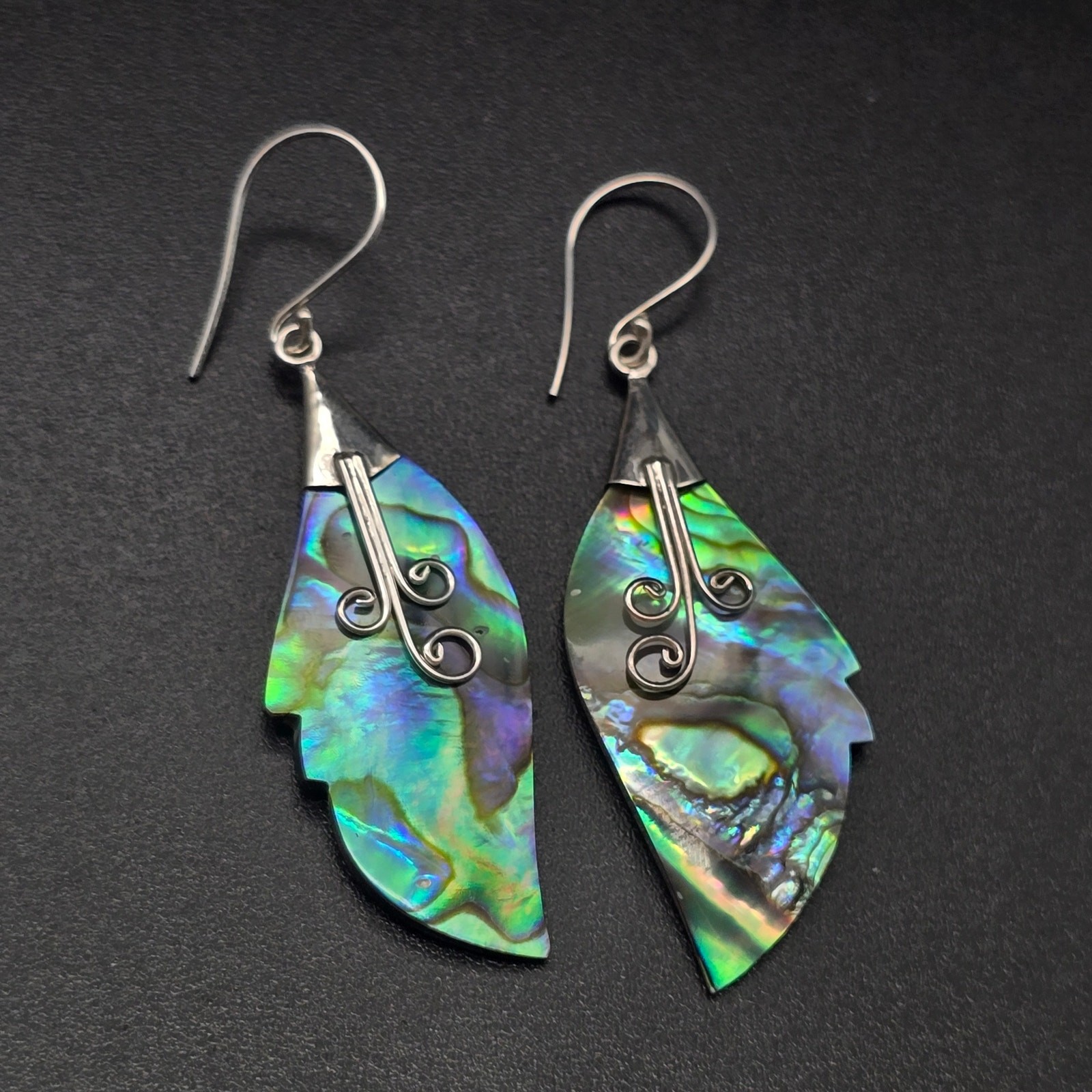 Sterling Silver Paua Abalone Shell Feather Earrings 925 Pierced