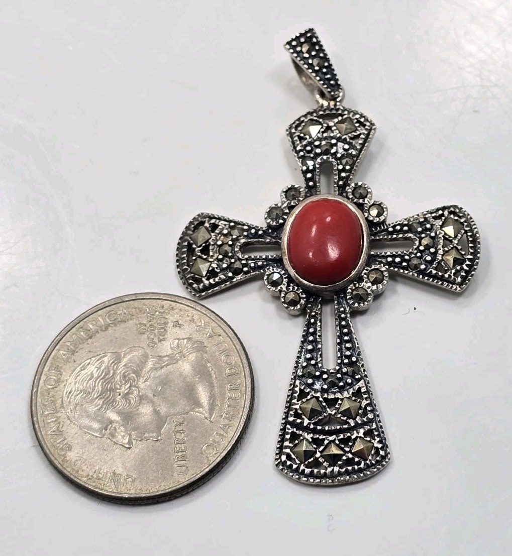 Beautiful Vintage Sterling Silver 925 Red Coral Marcasite Cross Pendant