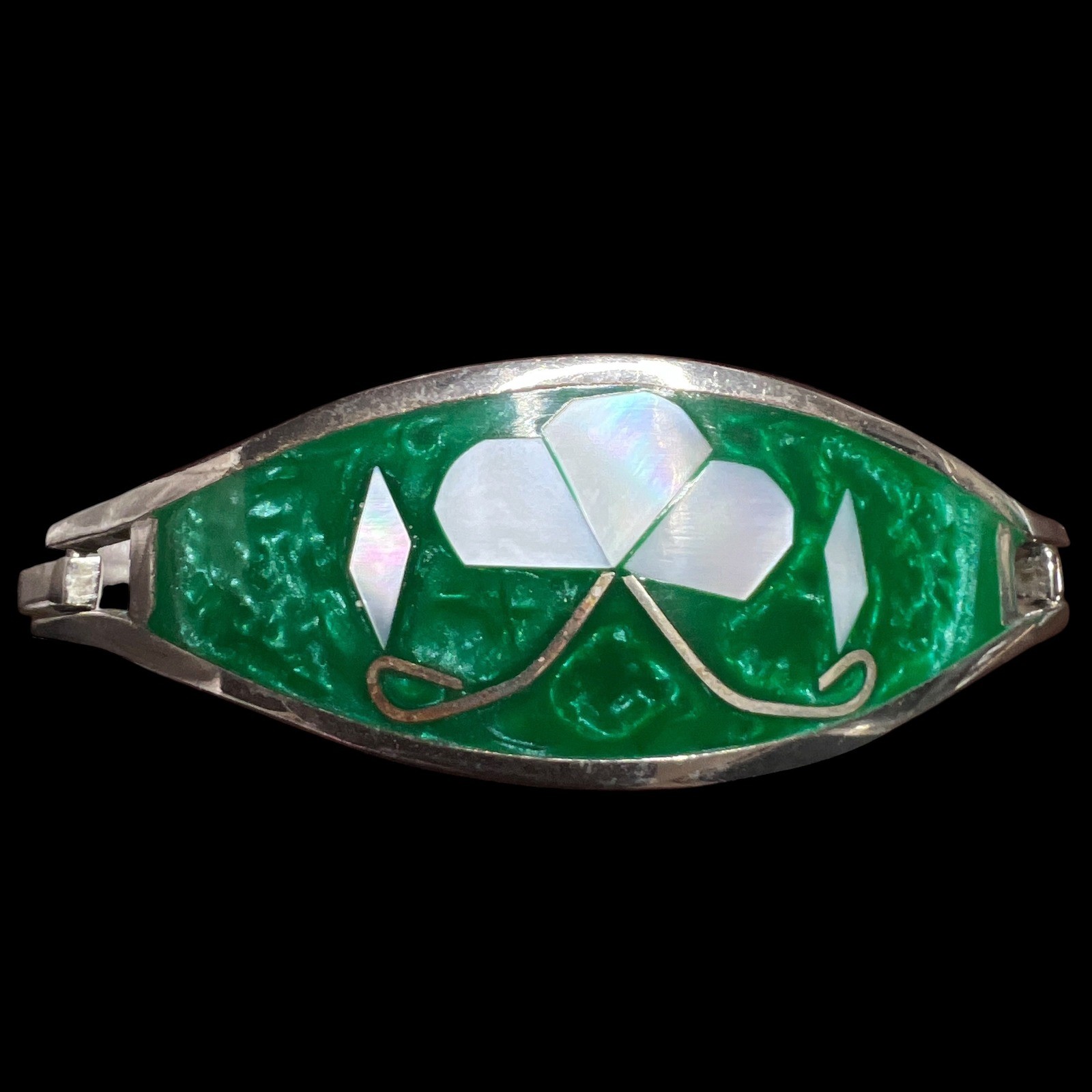 Vintage Alpaca Mexico Abalone Bangle Bracelet Silver Tone 7.5″ Green Enamel