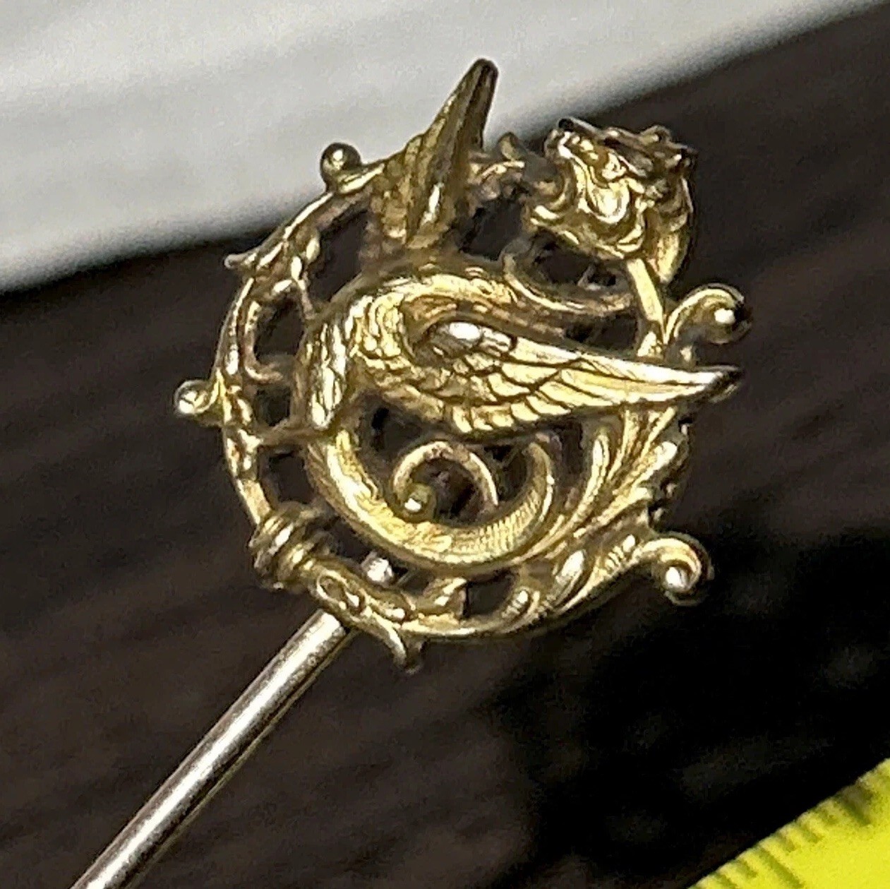 c1900s Stick Hat Lapel Pin Dragon Serpent Chimera Gold Fill French Stamp