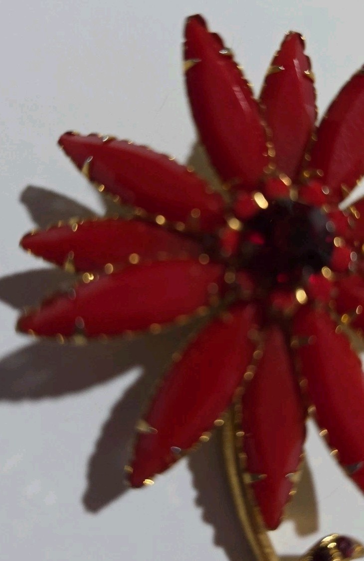 Vintage Red & Gold Lucite/Glass Flower Brooch Approximately 3-1/2 Inch