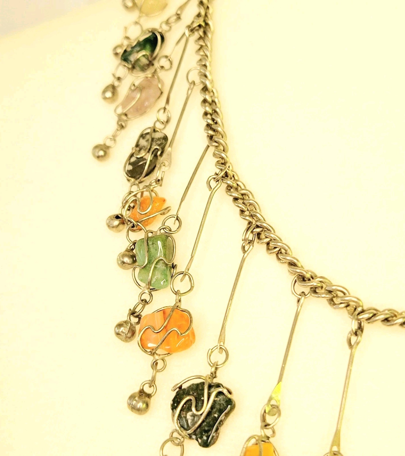 Vtg Wire Wrapped Caged Gemstone Agate Necklace Bib Dangle 21″ 1970s Boho Silver