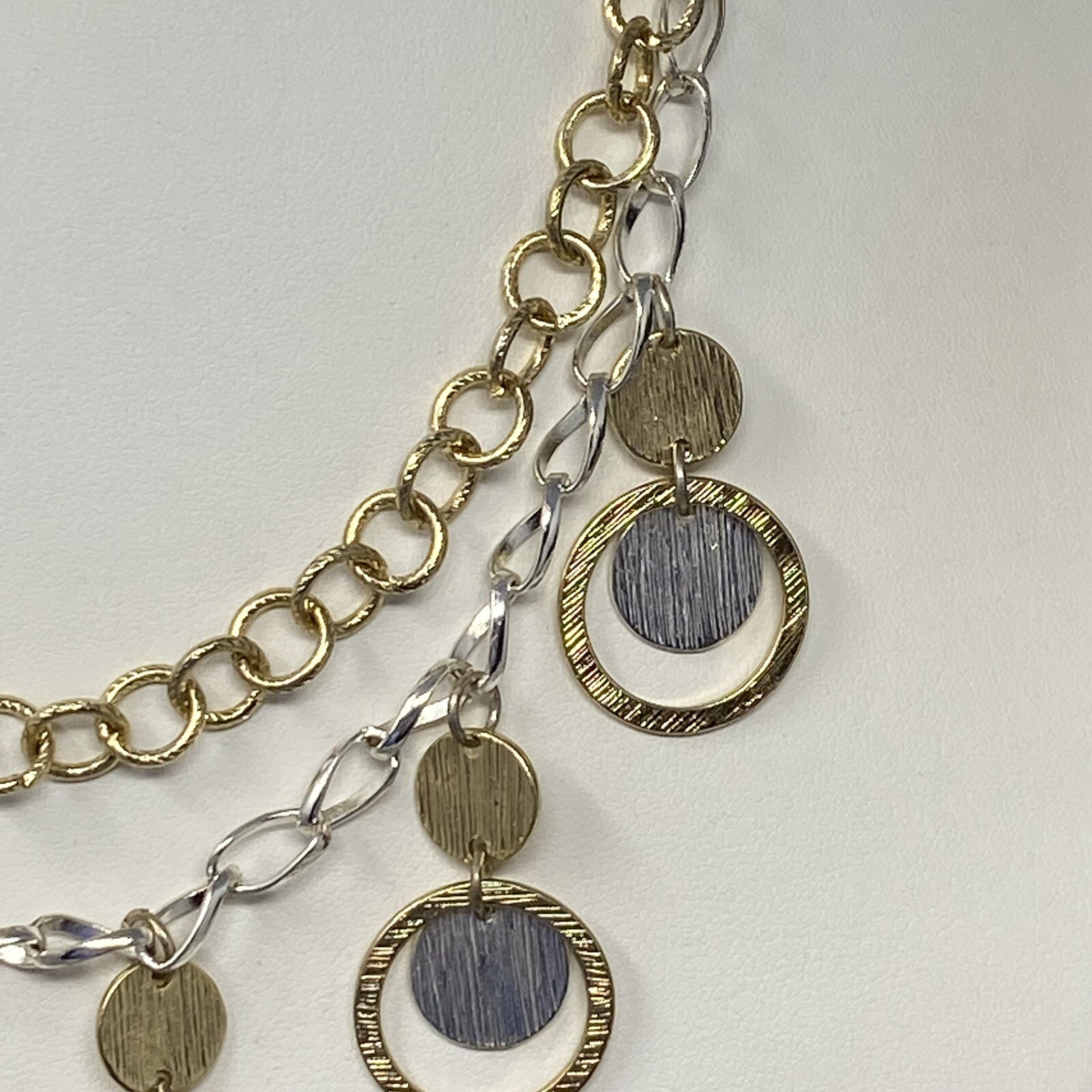 Fringe Disc Necklace Two Tone Gold Silver Layered Brushed Chain Collar Bib 18″
