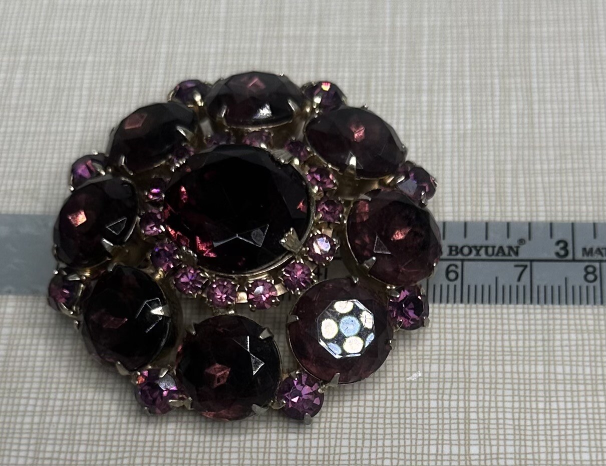 Vintage Round Amethyst Gold Brooch Approximately 2”