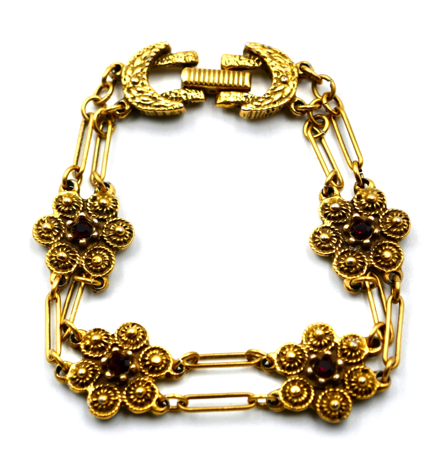 Goldette Red Rhinestone Bracelet 7.25″ Paper Clip Links Floral Gold Vintage