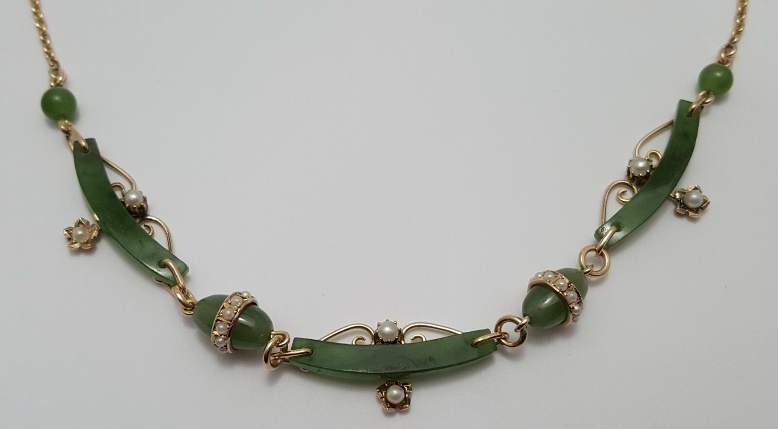 Vintage 9K Karat Solid Yellow Gold English Jade & Pearl Link Chain Necklace