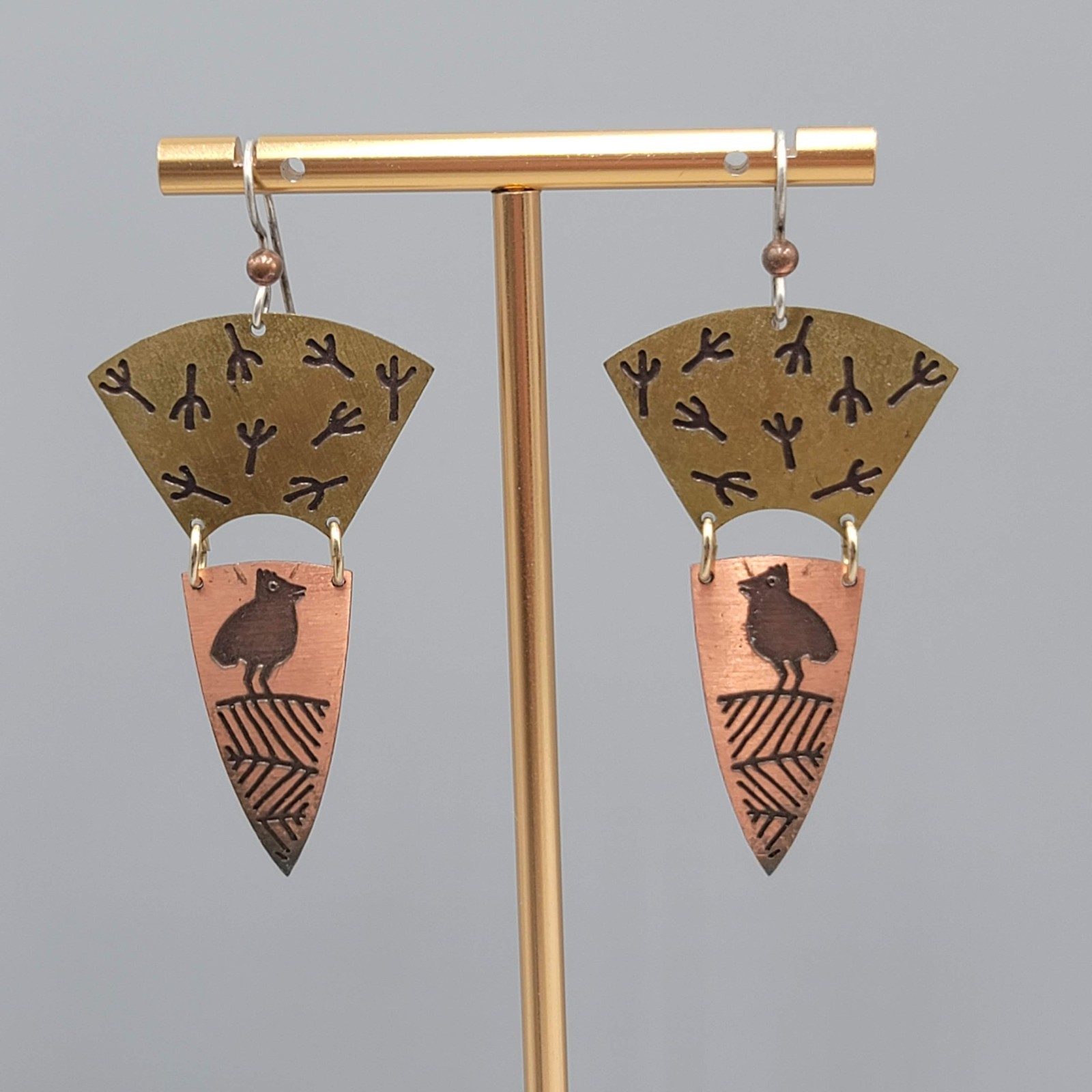 Vintage Bird Design Brass & Copper Pierced Earrings Dangle 2″