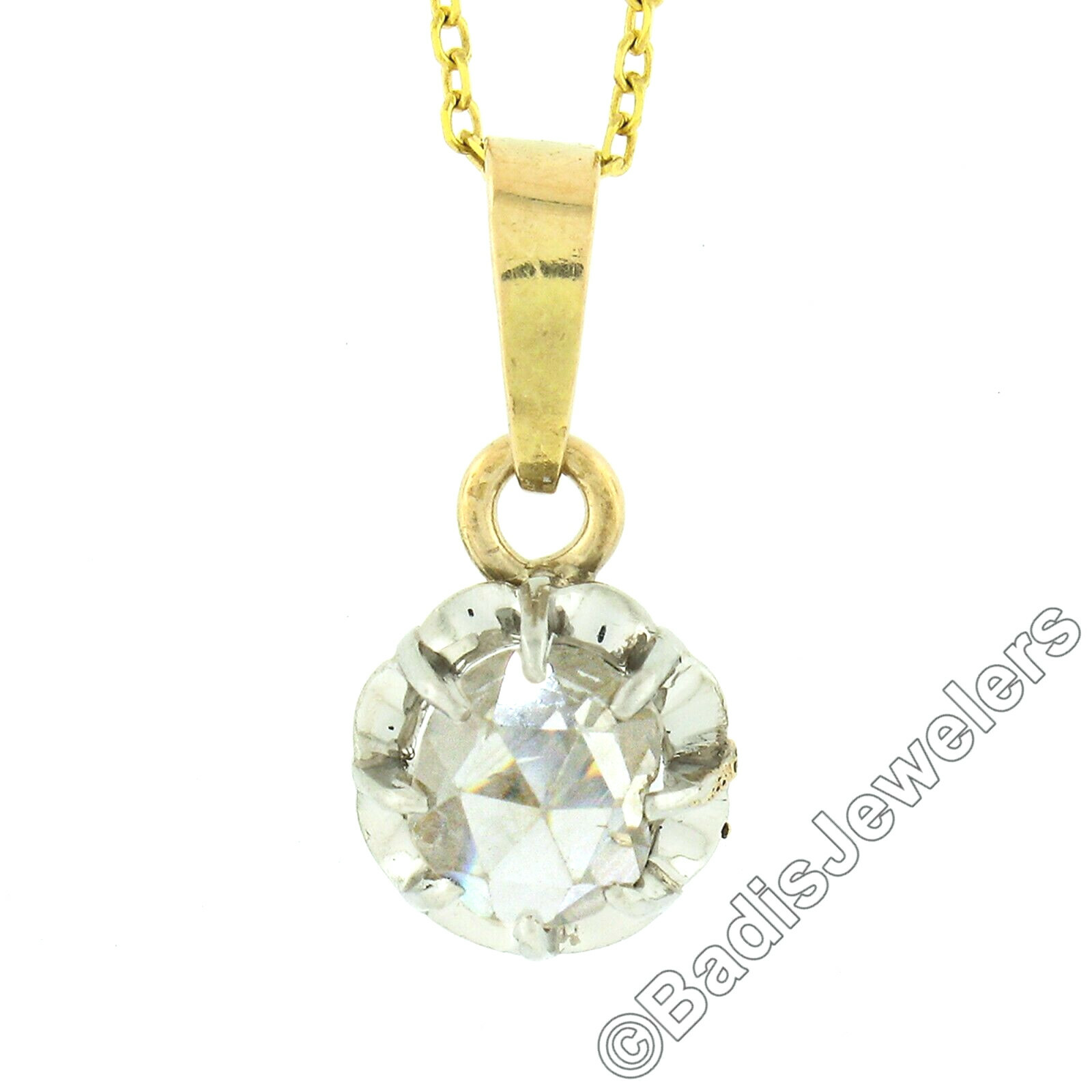 Antique 18k Gold Platinum 0.40ct Rose Cut Diamond Solitaire Pendant w/ 16″ Chain