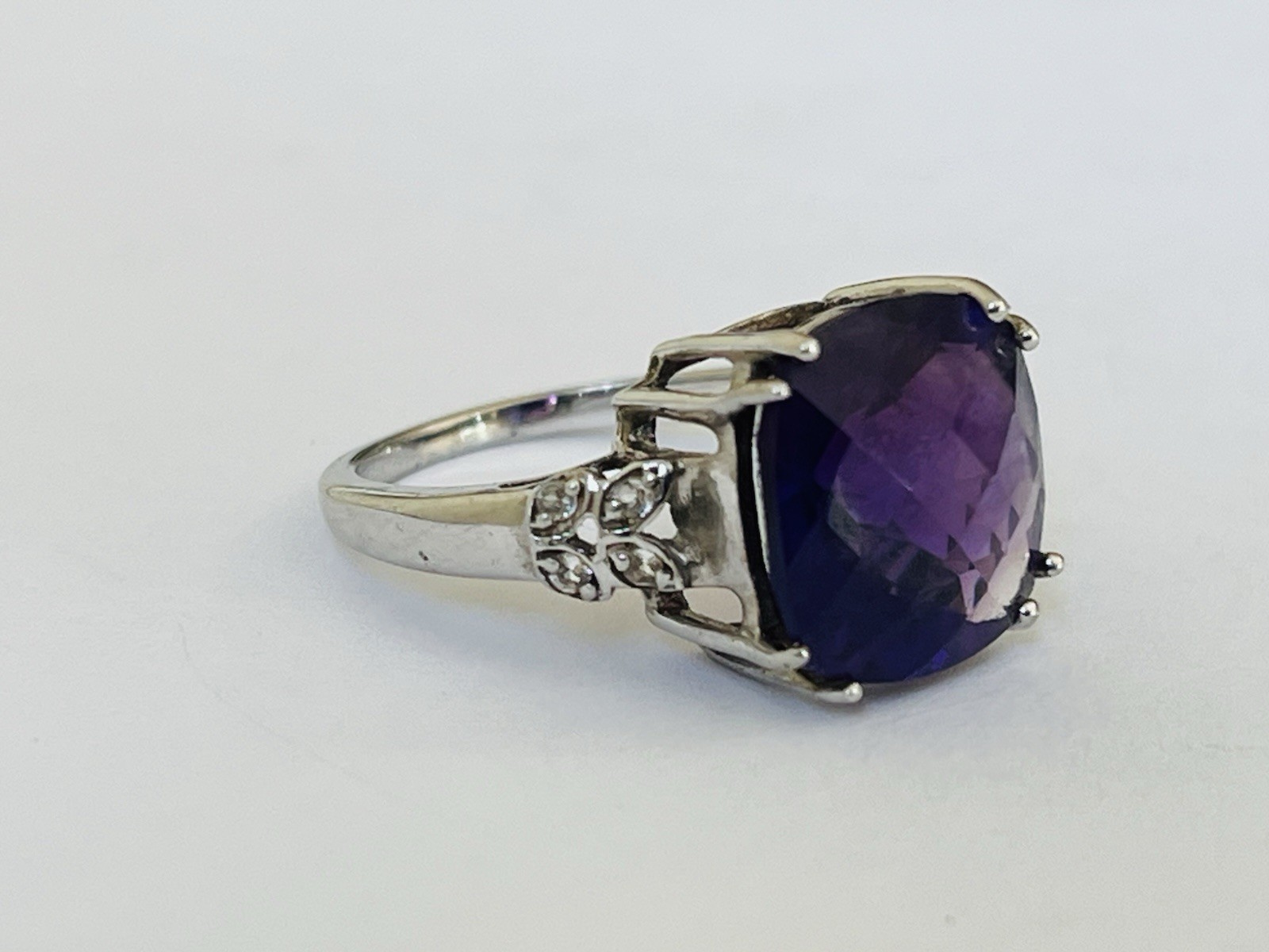 Designer BML Sterling Silver Cushion Cut Amethyst And White Topaz Ring Size 7
