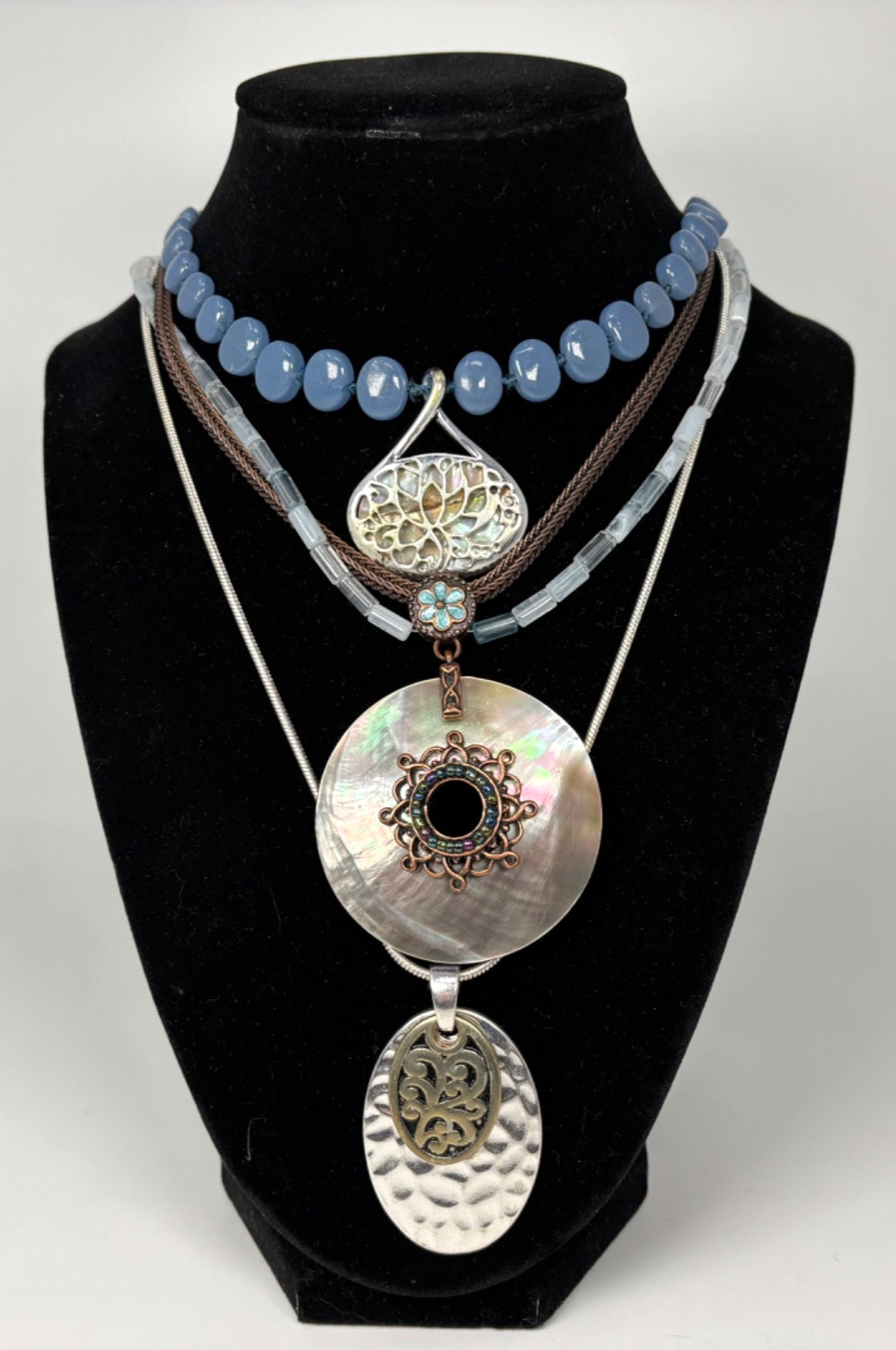 Lot 3 Vintage Costume Jewelry Necklaces Pendants Monet Avon Abalone Blue Beads
