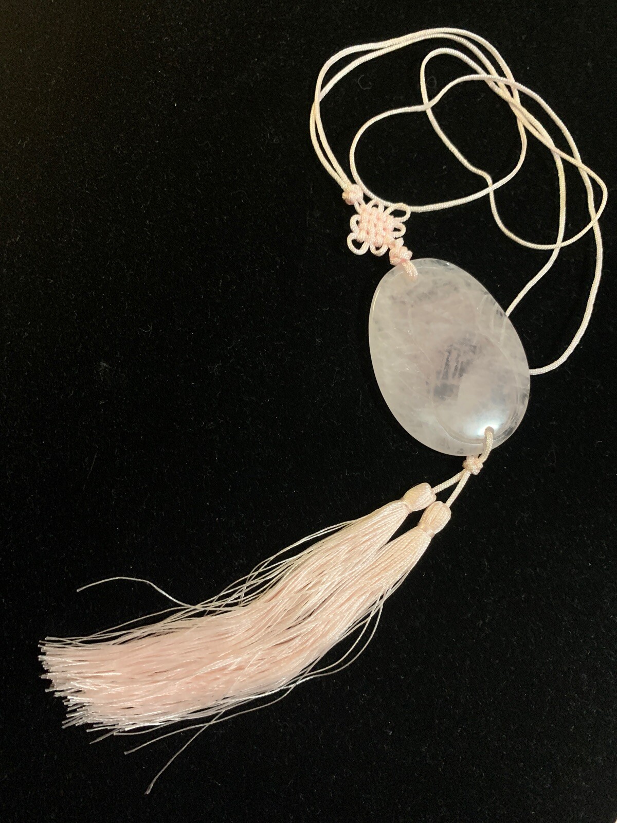 21″ VINTAGE CHINESE EXPORT CARVED PINK ROSE QUARTZ TASSEL PENDANT NECKLACE