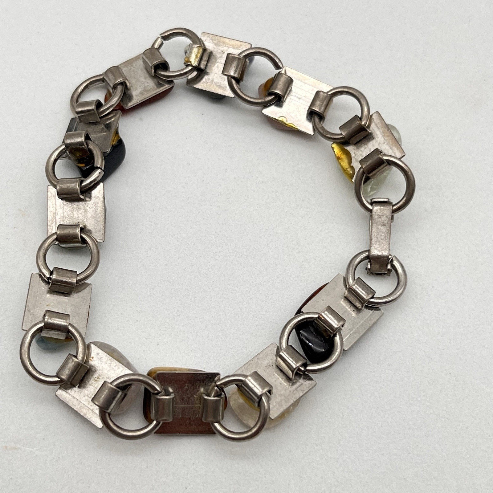 Vintage Multicolor Agate Bracelet Polished Stone Silver Tone Fits 6.75″ Wrist