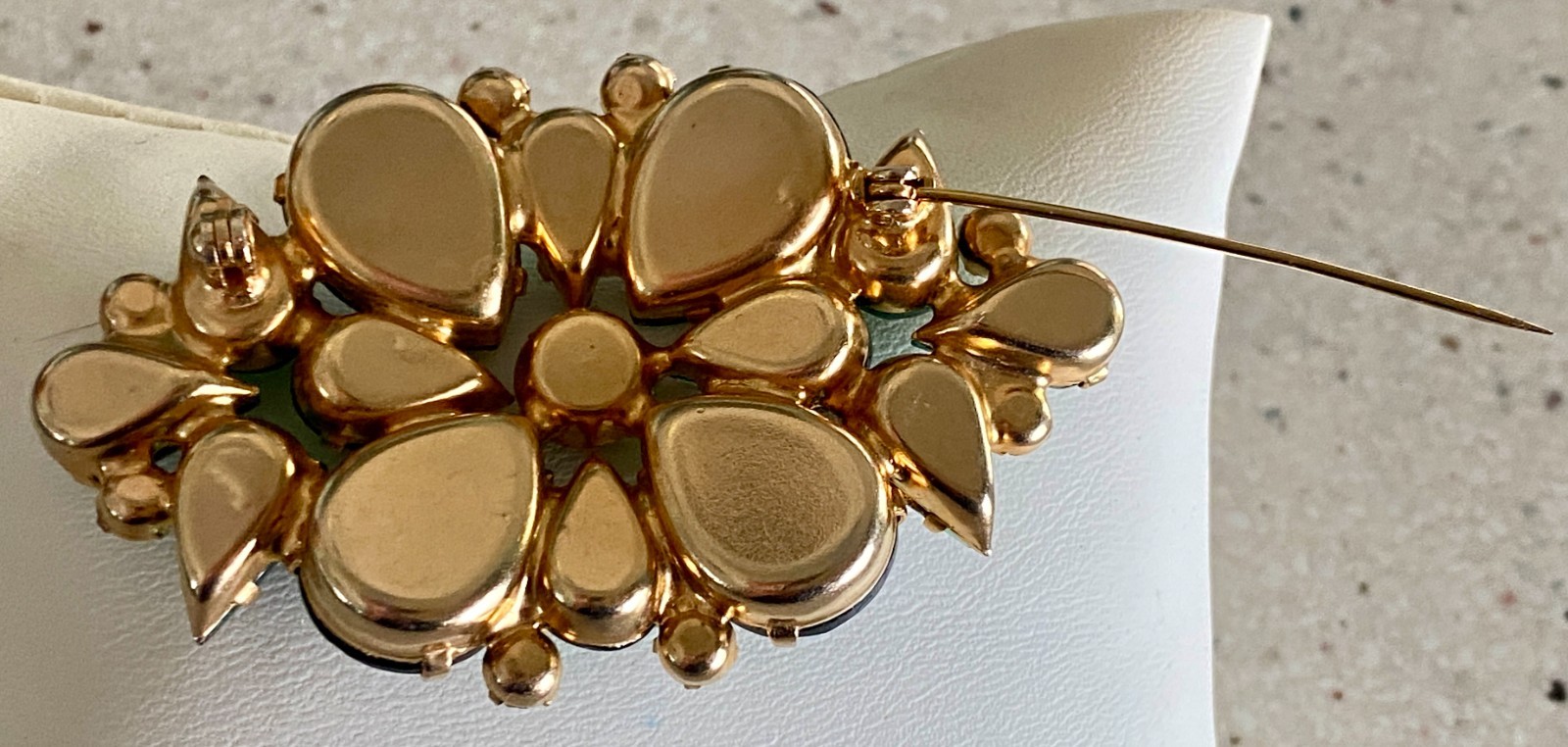Vintage Emerald Green AB Rhinestone Brooch Faceted Marquise Prong Set