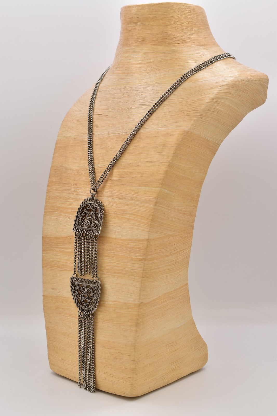 Vintage Silver Filigree Tassel Necklace Long Statement Fringe Chain 1970s Bin3C