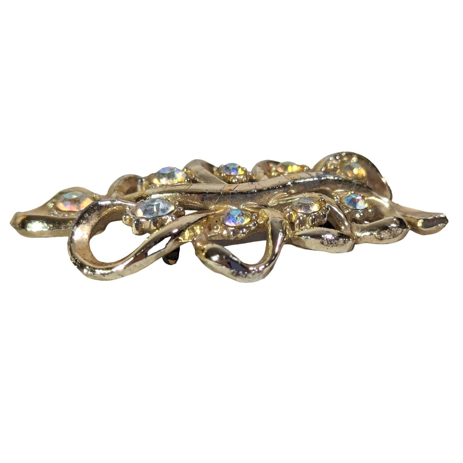 Gold Tone Swirl Leaf Brooch Pin Vintage 1960s Clear Rhinestones 2″ x 1.5″ Gift