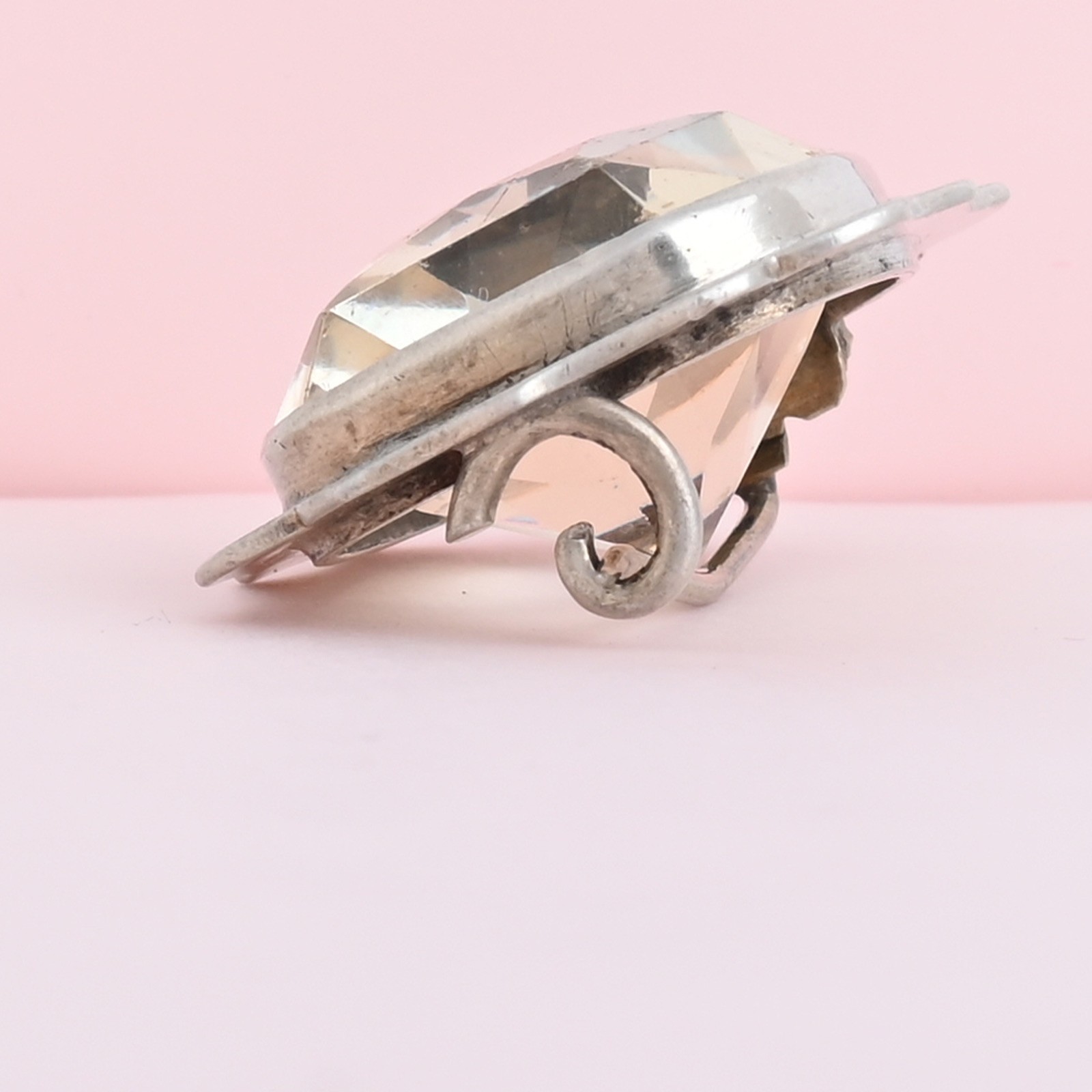 Antique Victorian Natural Rock Crystal Cushion Cut Sterling Silver Brooch Pin
