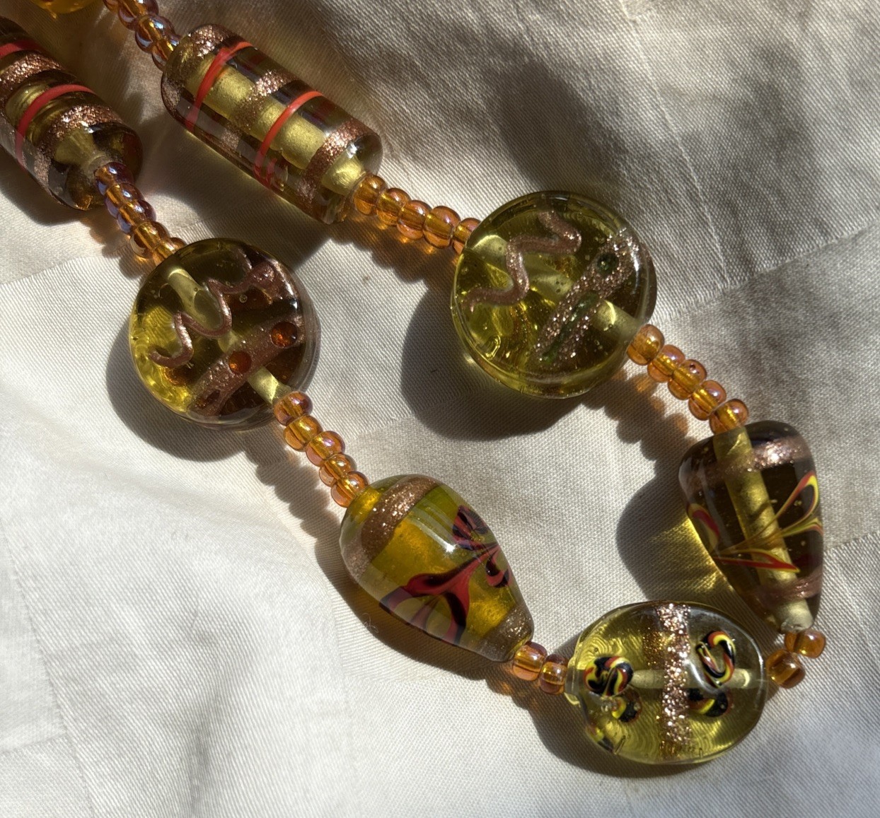 Vintage Hand Blown Glass Beaded Necklace 24”Iridescent Yellow Gold Black Red MCM