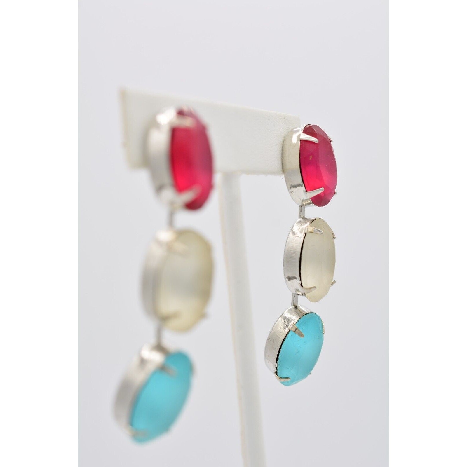 Vintage Frosted Crystal Drop Earrings Dangle Hot Pink White Blue Chunky 80s A19
