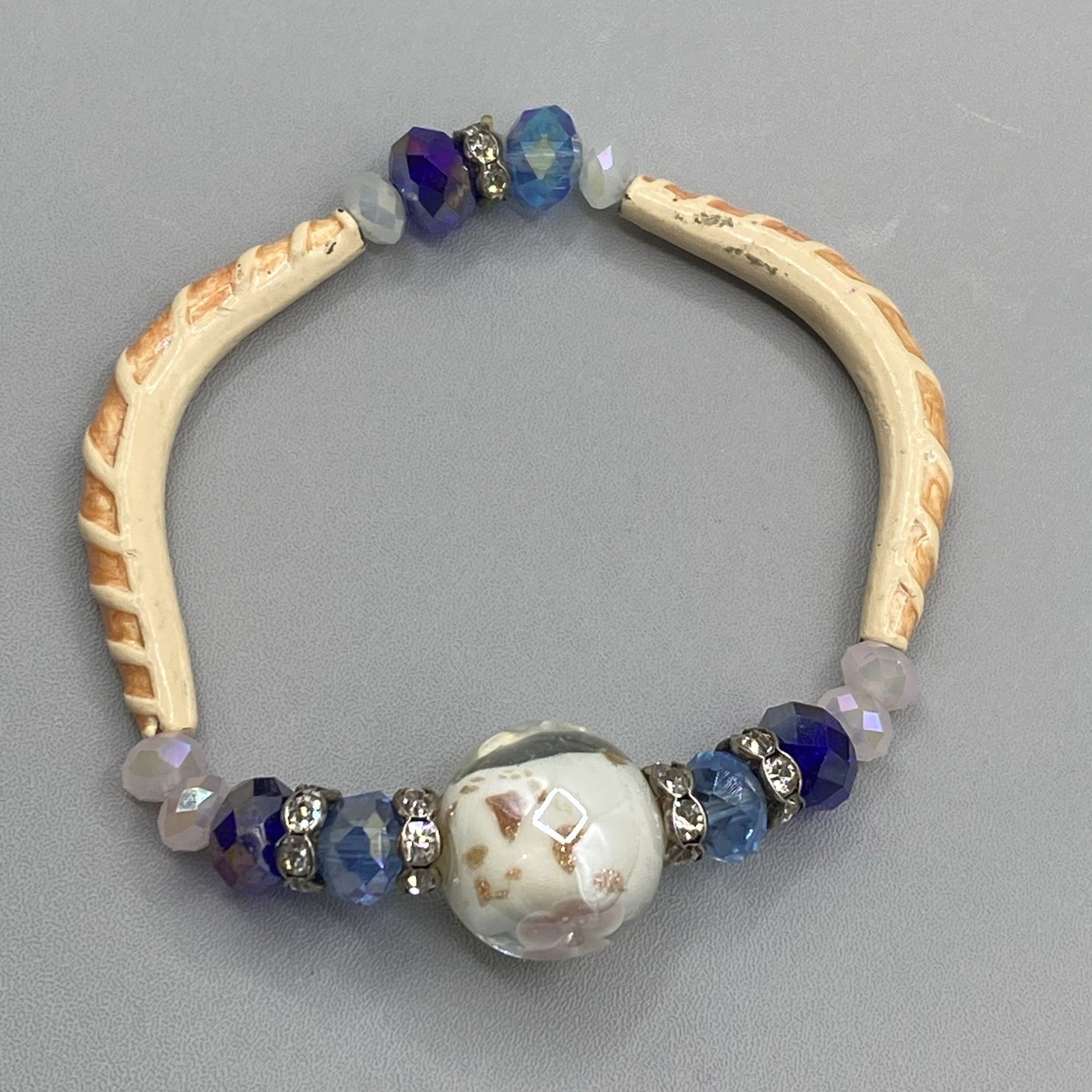 Glass Beaded Bracelet Blue Faceted Fire Polished Cream Tube White Givre Fused 6″