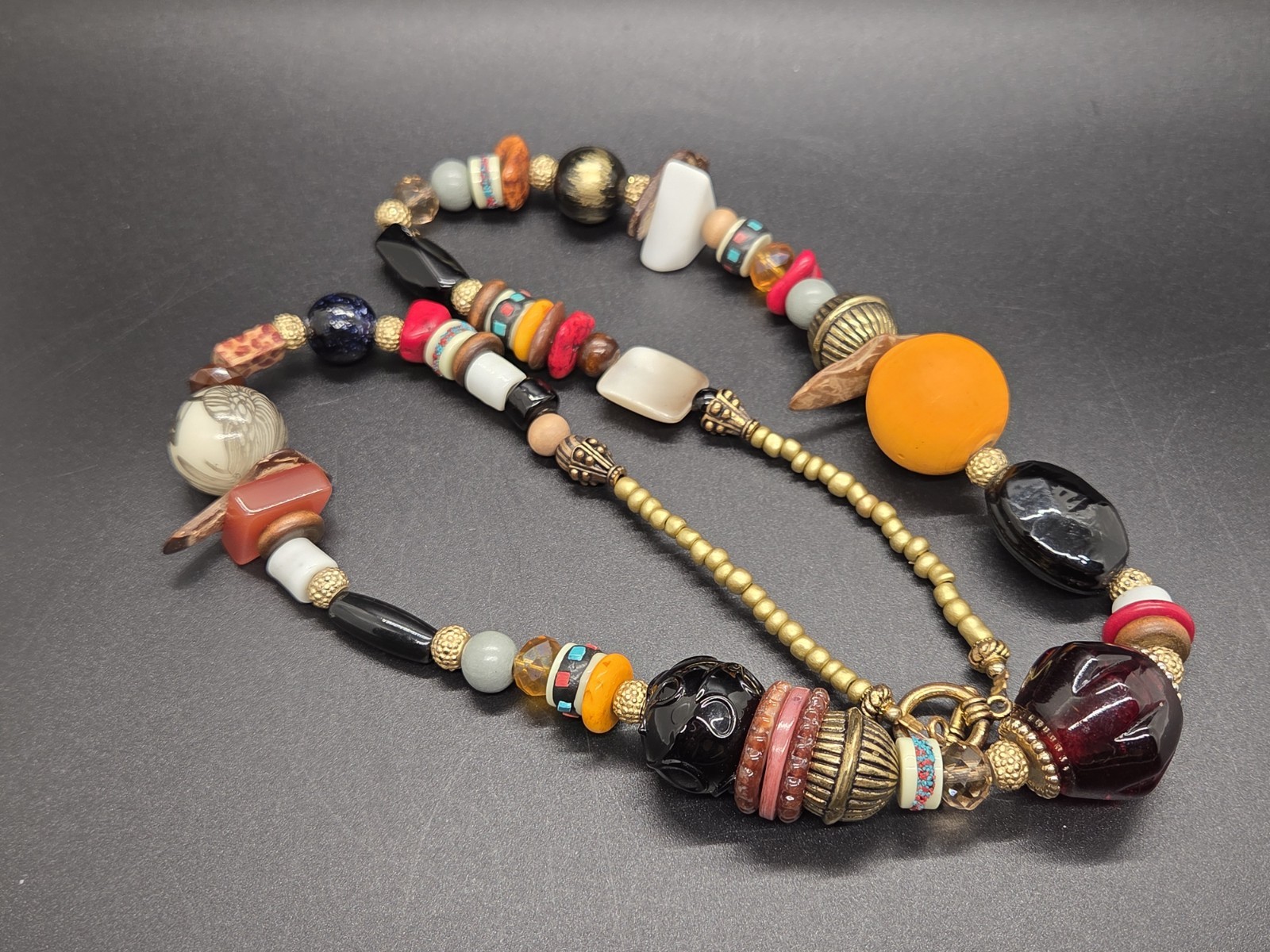 VTG Boho Necklace Artisan Glass Ceramic Lucite Stone Wood Fun Festival Beads 28″
