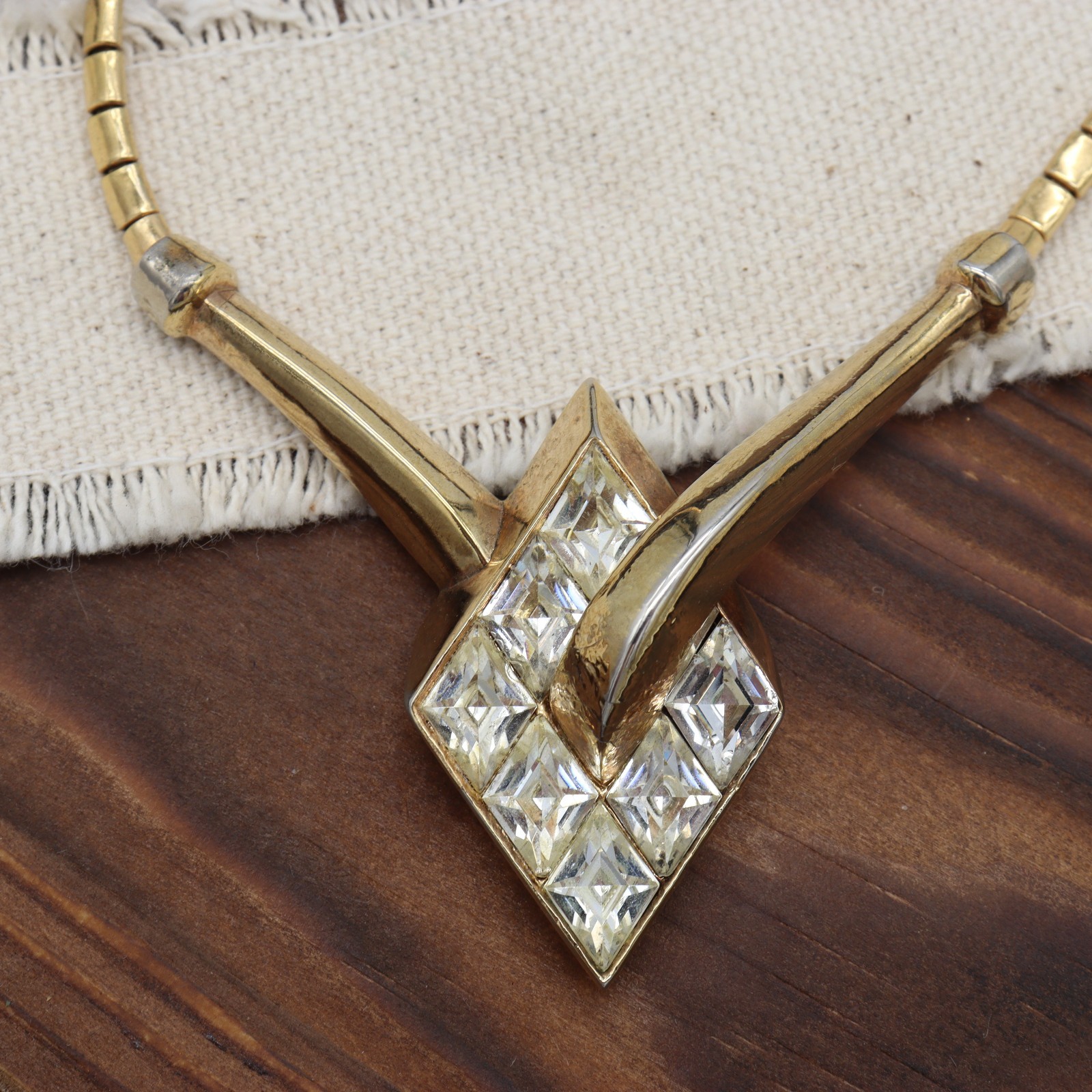 Trifari Alfred Philippe Gold Necklace Clear Rhinestone Lozenge Choker Channel