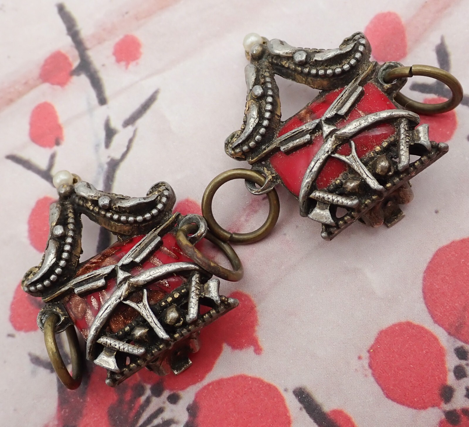Vintage Fu Manchu Red Art Glass Caged Bronze Tone Clip Earrings