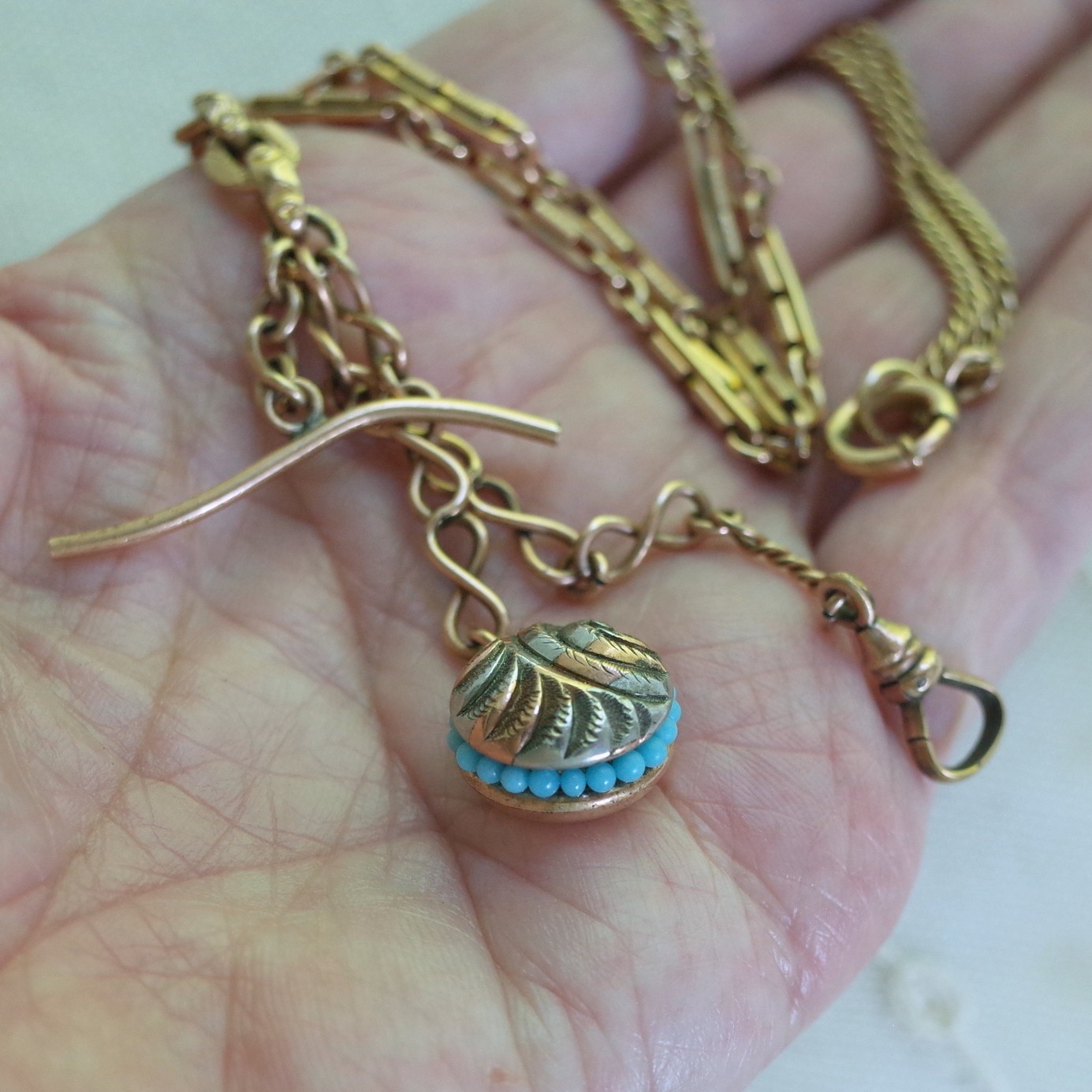 Antique Gold Filled Turquoise Watch Fob Necklace Bar & Link Chain Swivel Hook