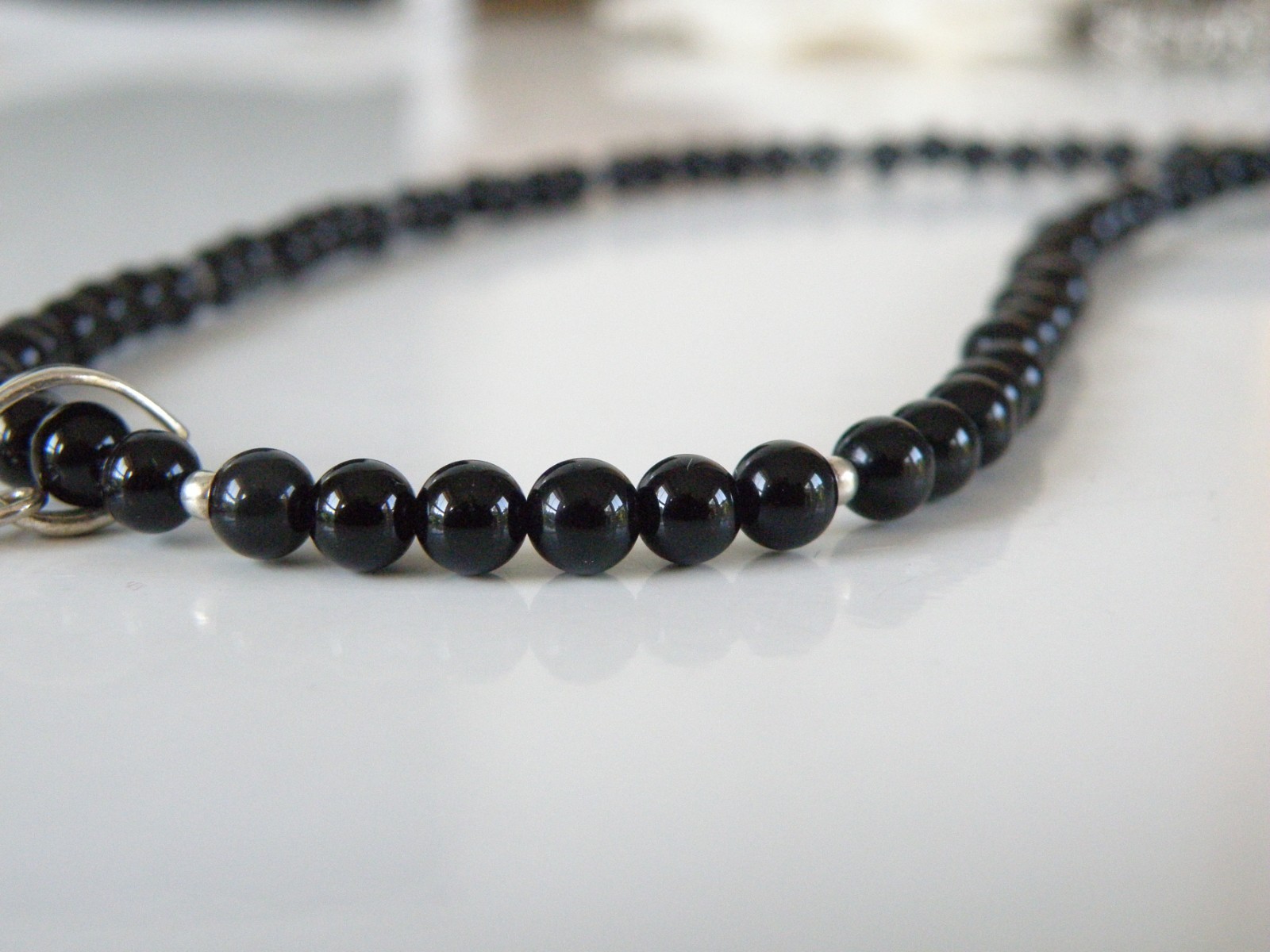 Vintage Sterling Silver 925 Black Onyx Station Bead Necklace