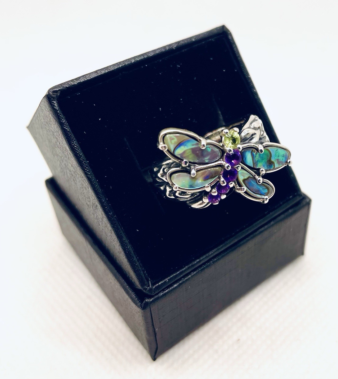 Carolyn Pollack Dragonfly Sterling Silver Abalone Amethyst Peridot Ring Sz 7