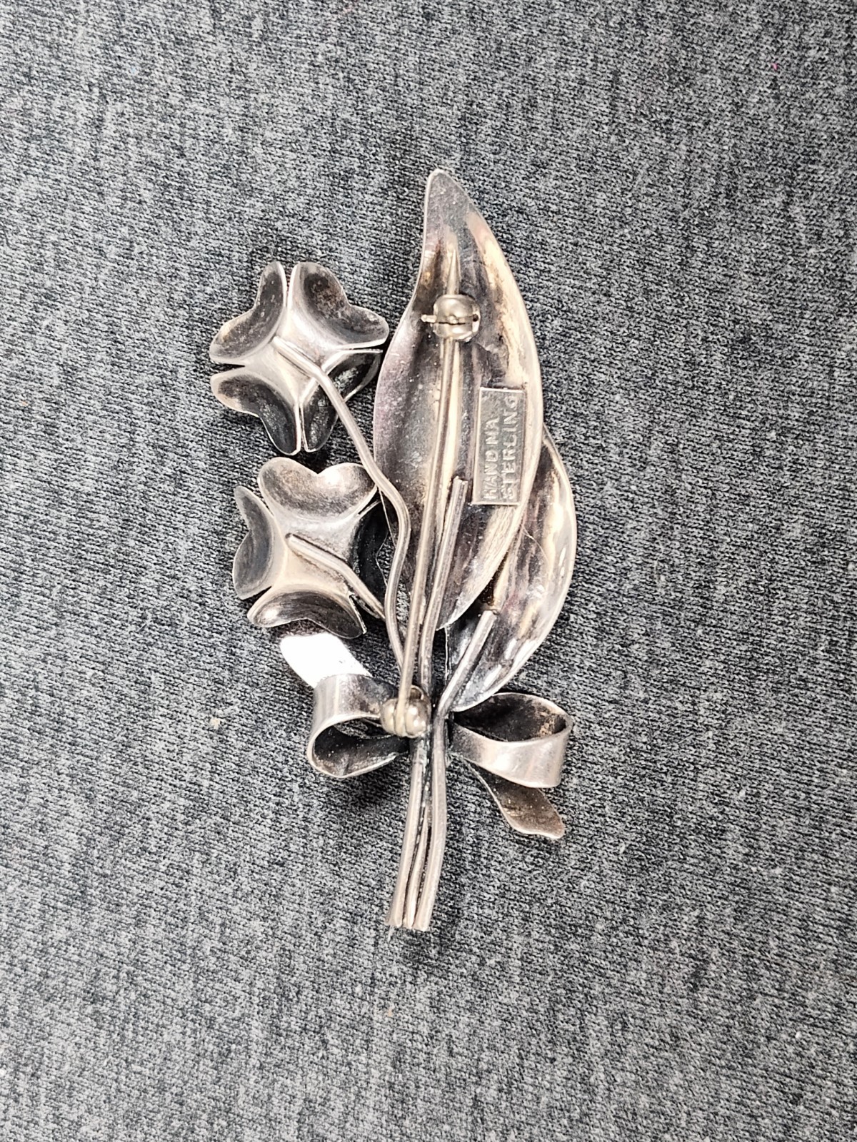 Vintage Mid Century Sterling Silver Handmade Floral Bow Bouquet Brooch Pin