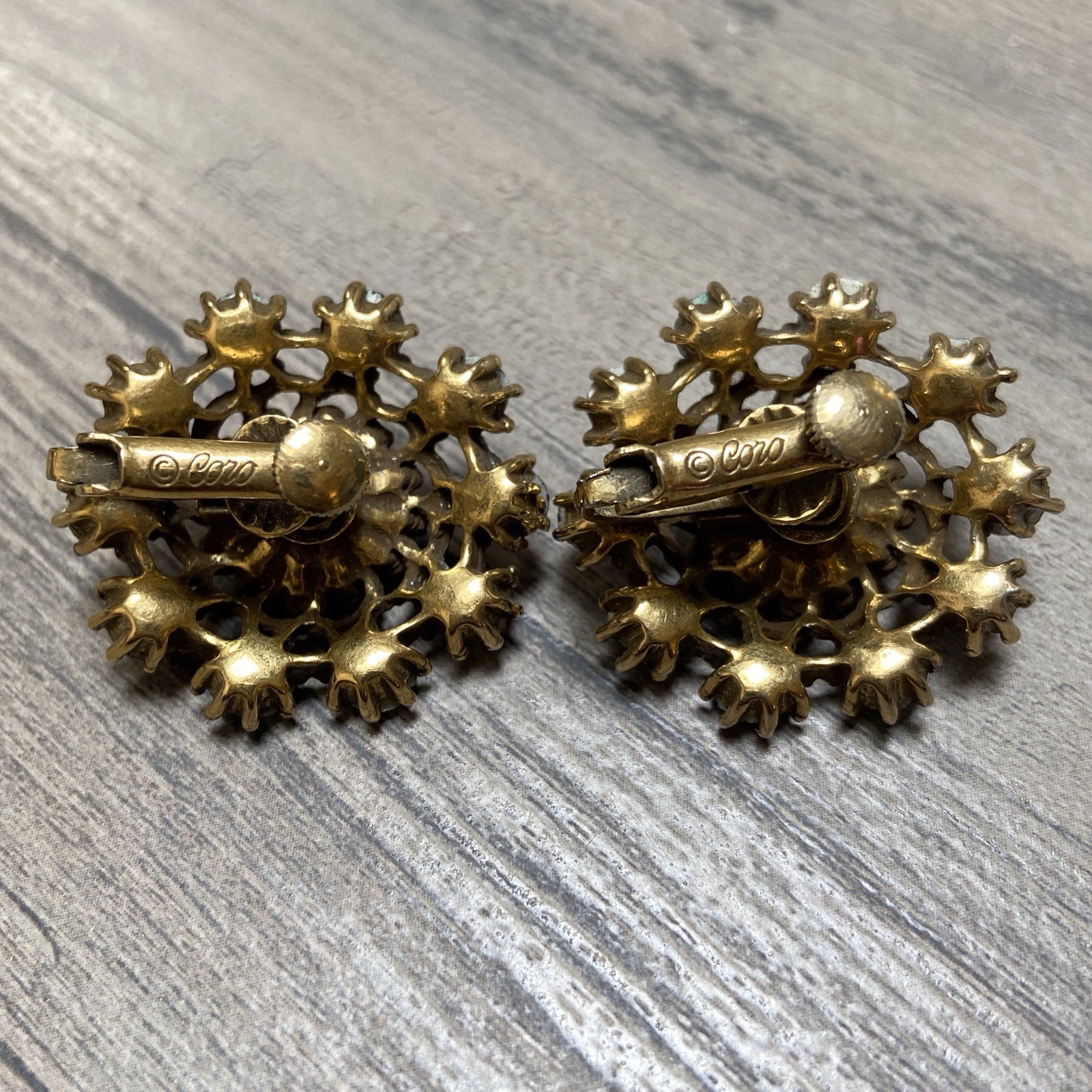 Vintage Coro Earrings Clip On Red AB Iridescent Rhinestones Round Floral Cluster