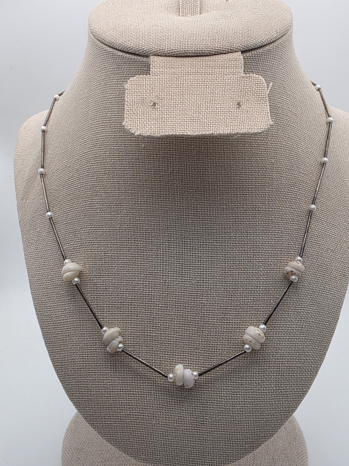 Vintage Hobe’ Necklace With Shells And Pearls Silvertone Tube Beads