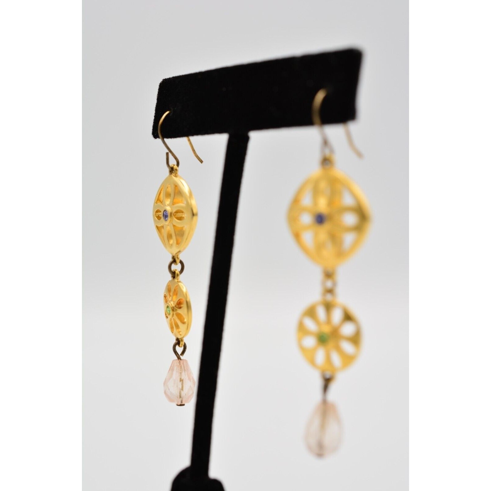 Vintage Drop Dangle Earrings Beaded Crystal Blue Purple Brushed Gold 1980s 9G