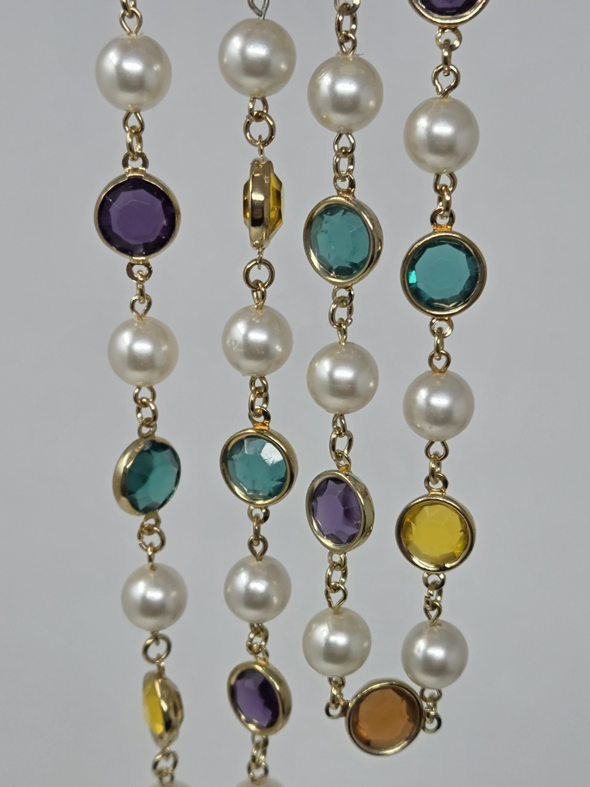 Faux Pearl & Multicolor Bezel Set Acrylic Crystal Necklace 35 Inches Vintage