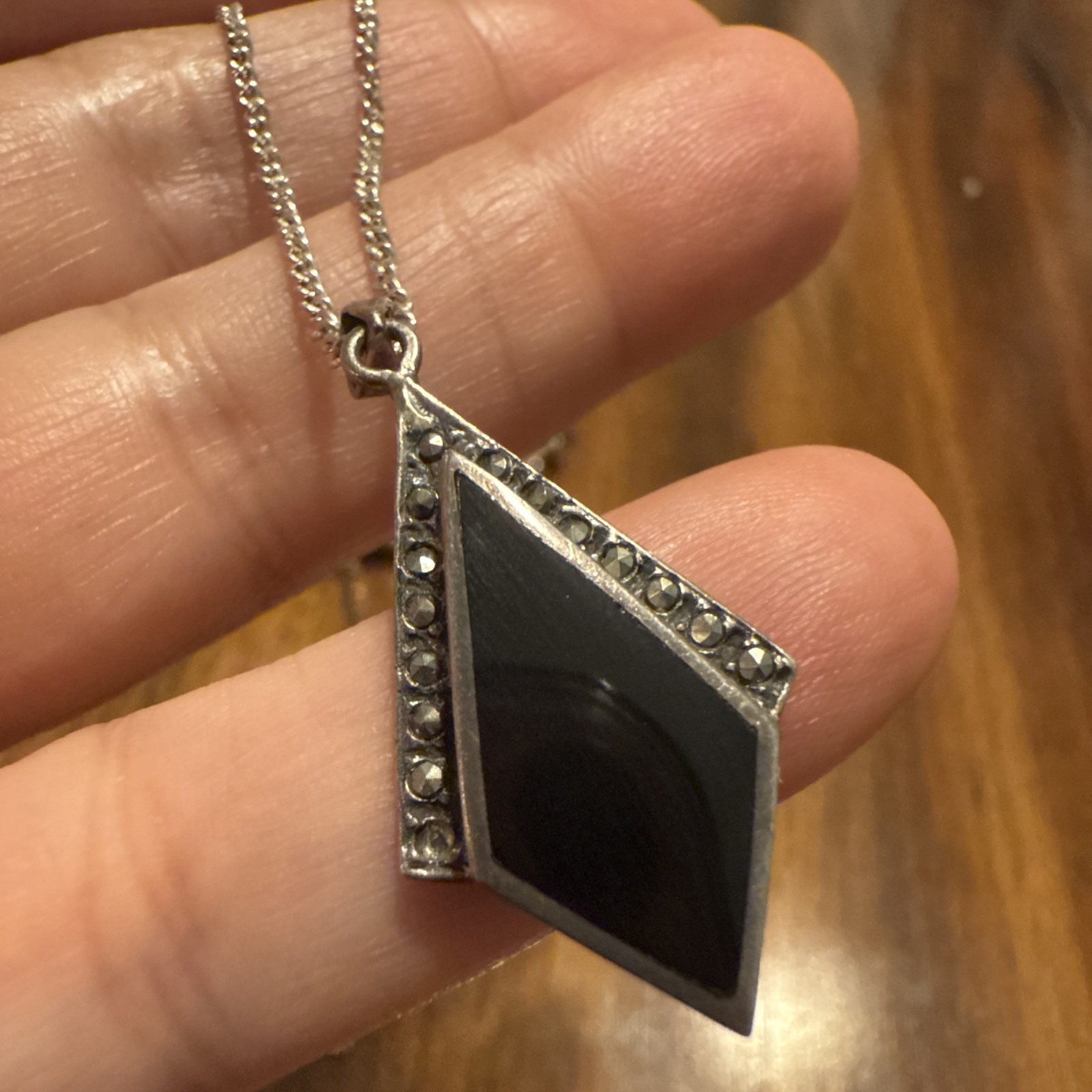 Vintage 925 Sterling Silver Lozenge Onyx Pendant (no chain)