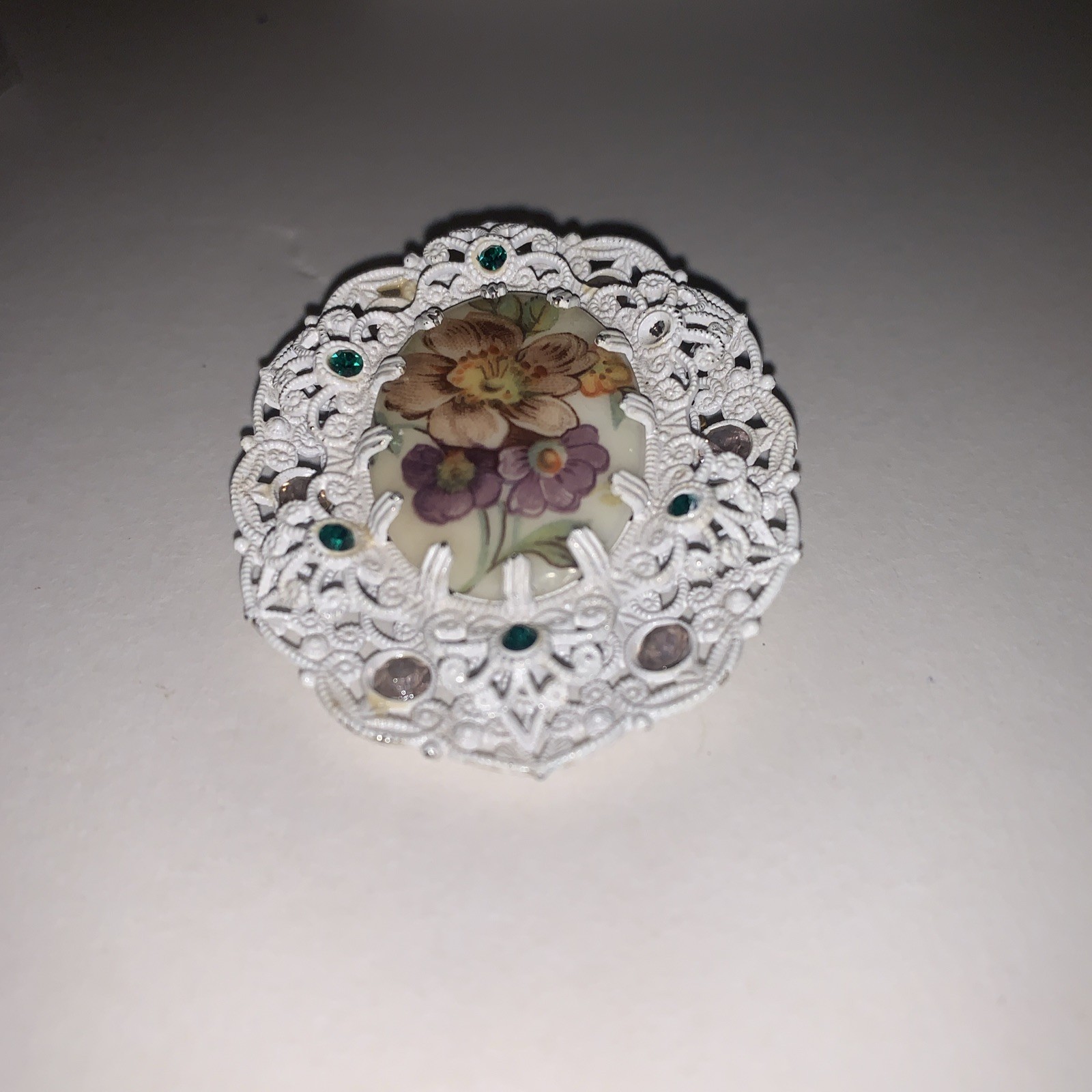 Vintage Hand Painted Brooch W Germany Purple & Green Rhinestones White Filigree