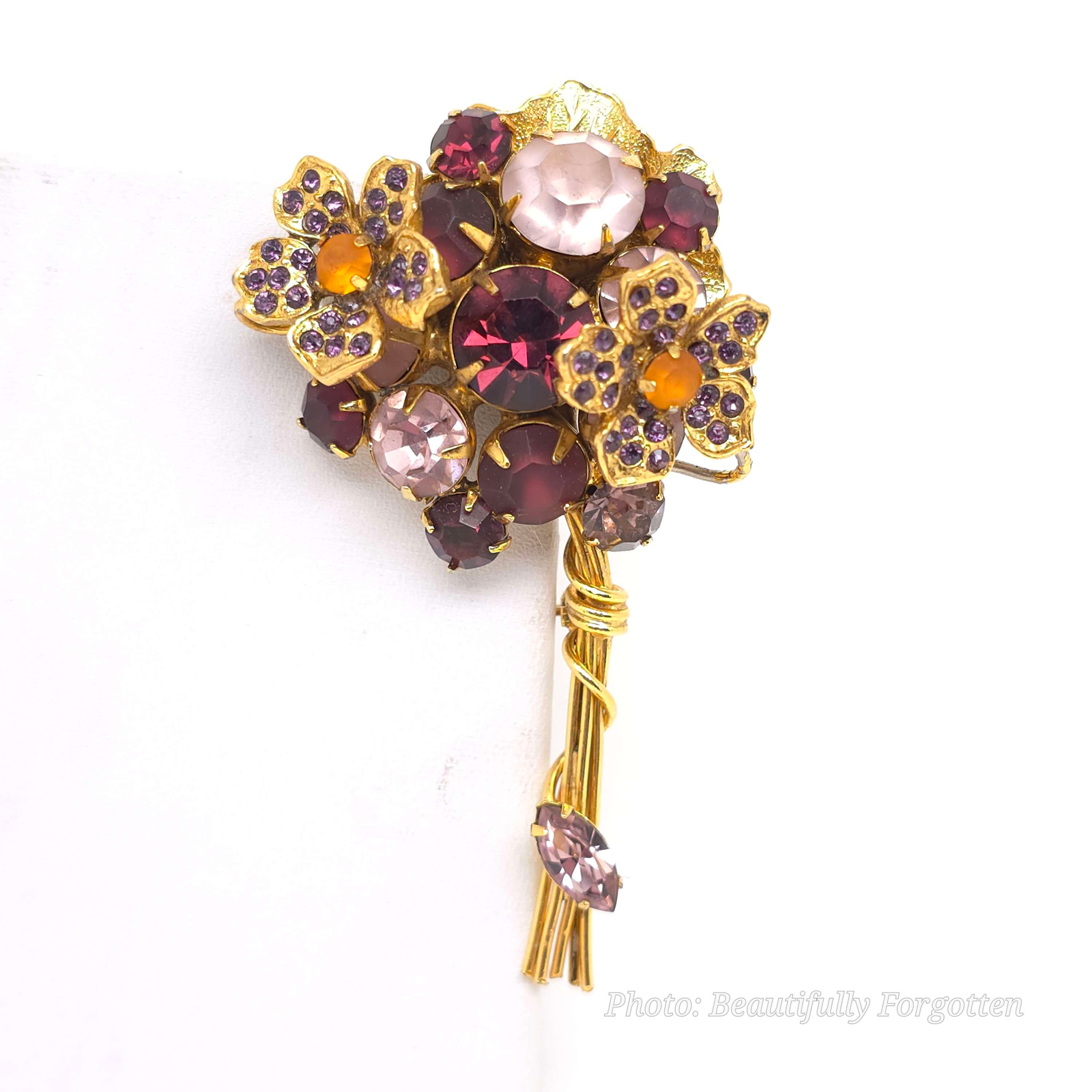 Signed RJ Graziano Purple Rhinestone Floral Bouquet Brooch