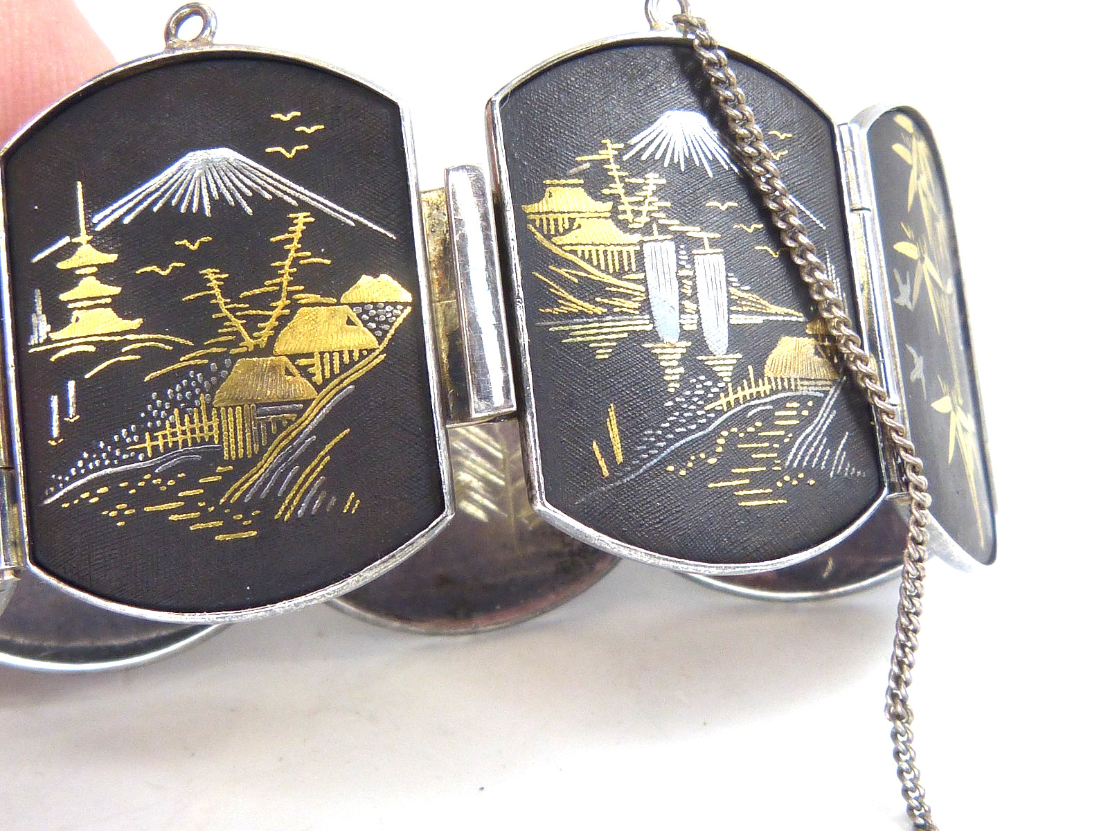 Large Antique Japanese Sterling Silver Bracelet W Mixed Metal Damascene Designs
