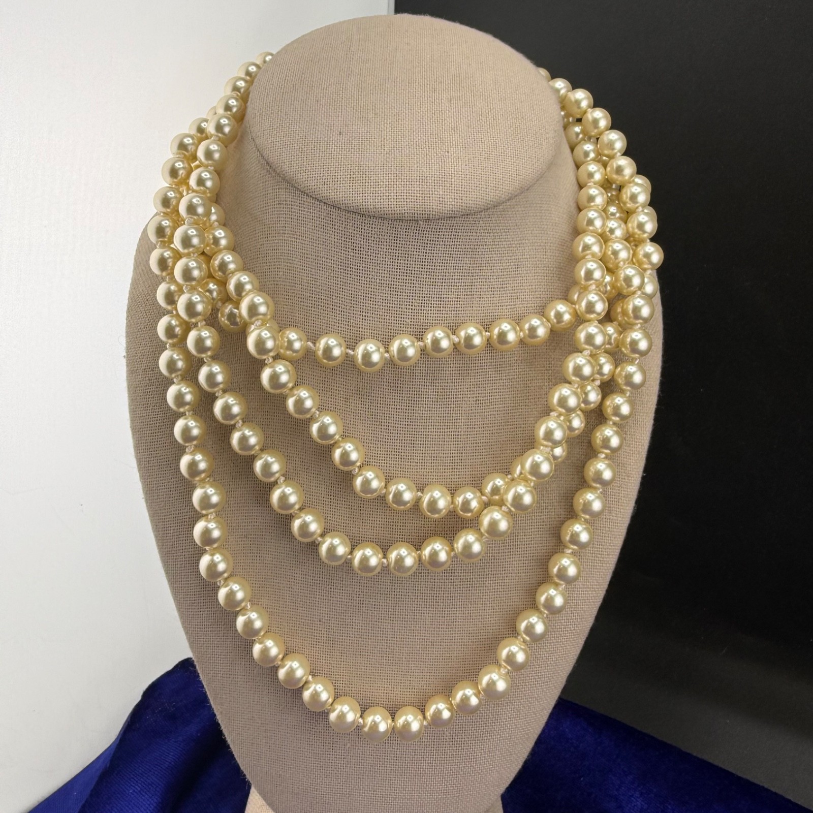 Vintage Glass Beaded Necklace Faux Pearl Single Strand Multi Wrap 72”
