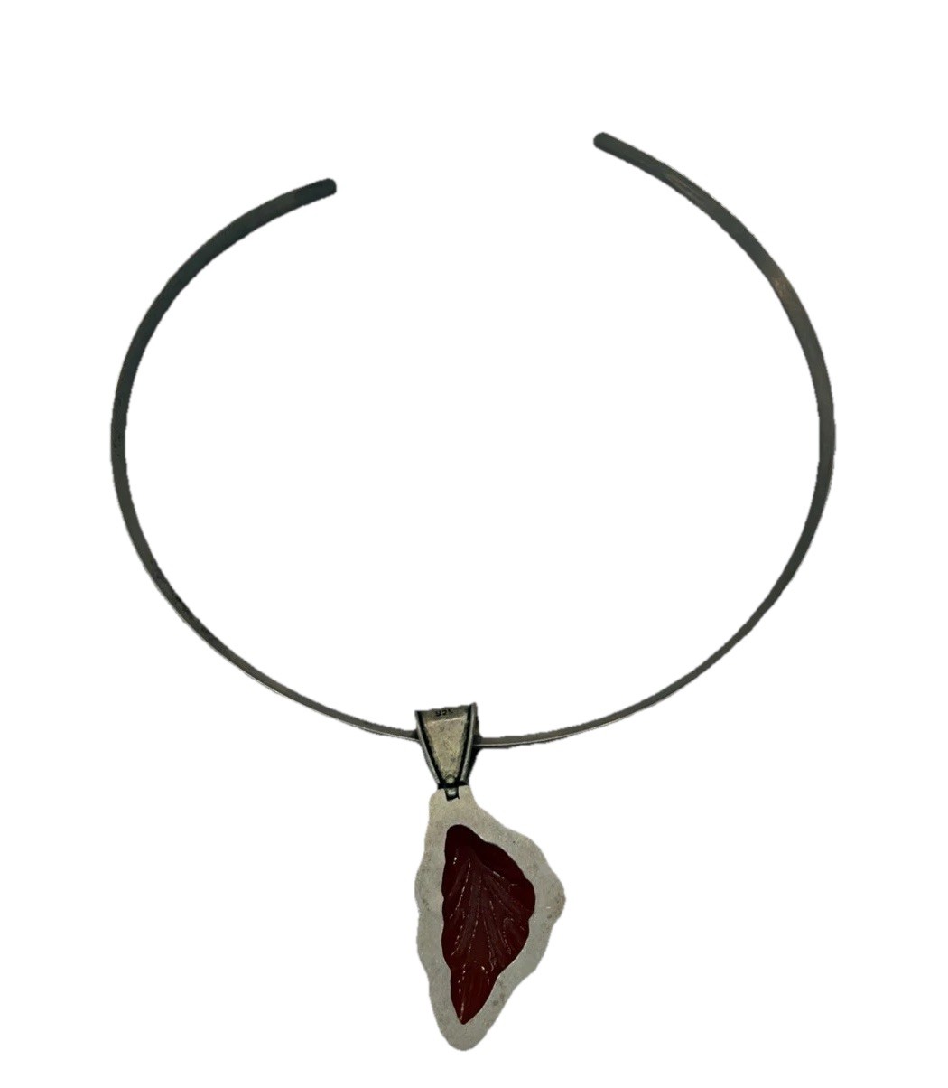 Vintage Sterling Silver Necklace Carved Carnelian Leaf Pendant Ornate Bail