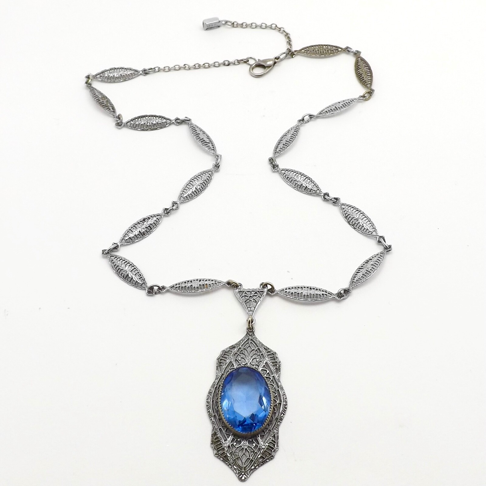 Art Deco Rhodium Blue Glass Pendant Necklace 15 To 17in