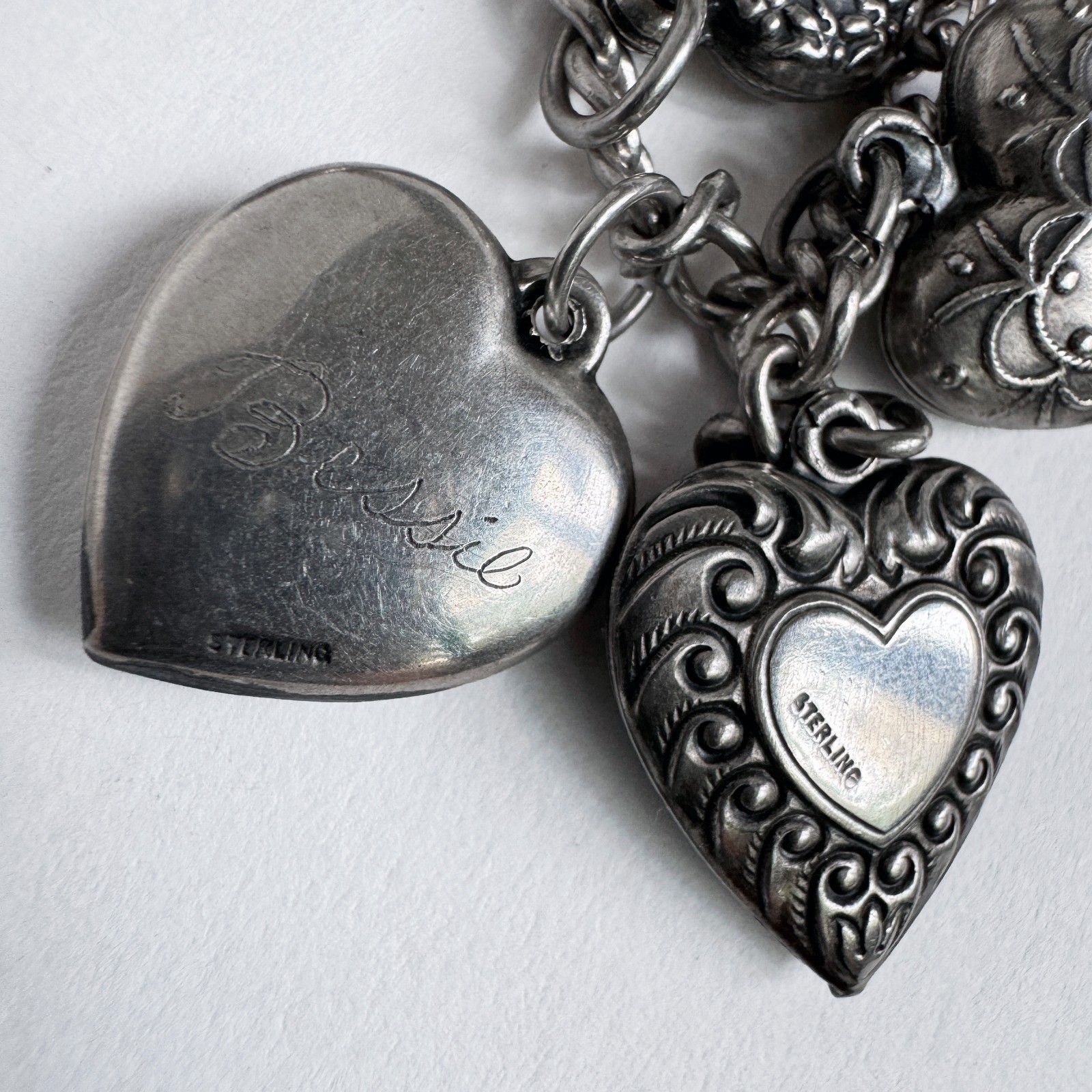 Vintage WWII Sterling Silver 925 Puffy Heart Sweetheart Bracelet w/ 14 Charms